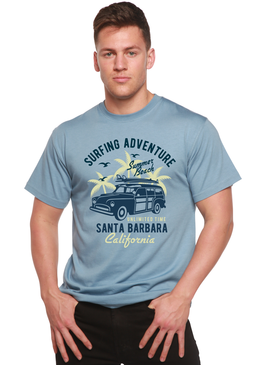 Spun Bamboo Surfing Adventure Spun Bamboo® Men's Bamboo Viscose/Organic Cotton Short Sleeve Graphic T-Shirt — detail close-up