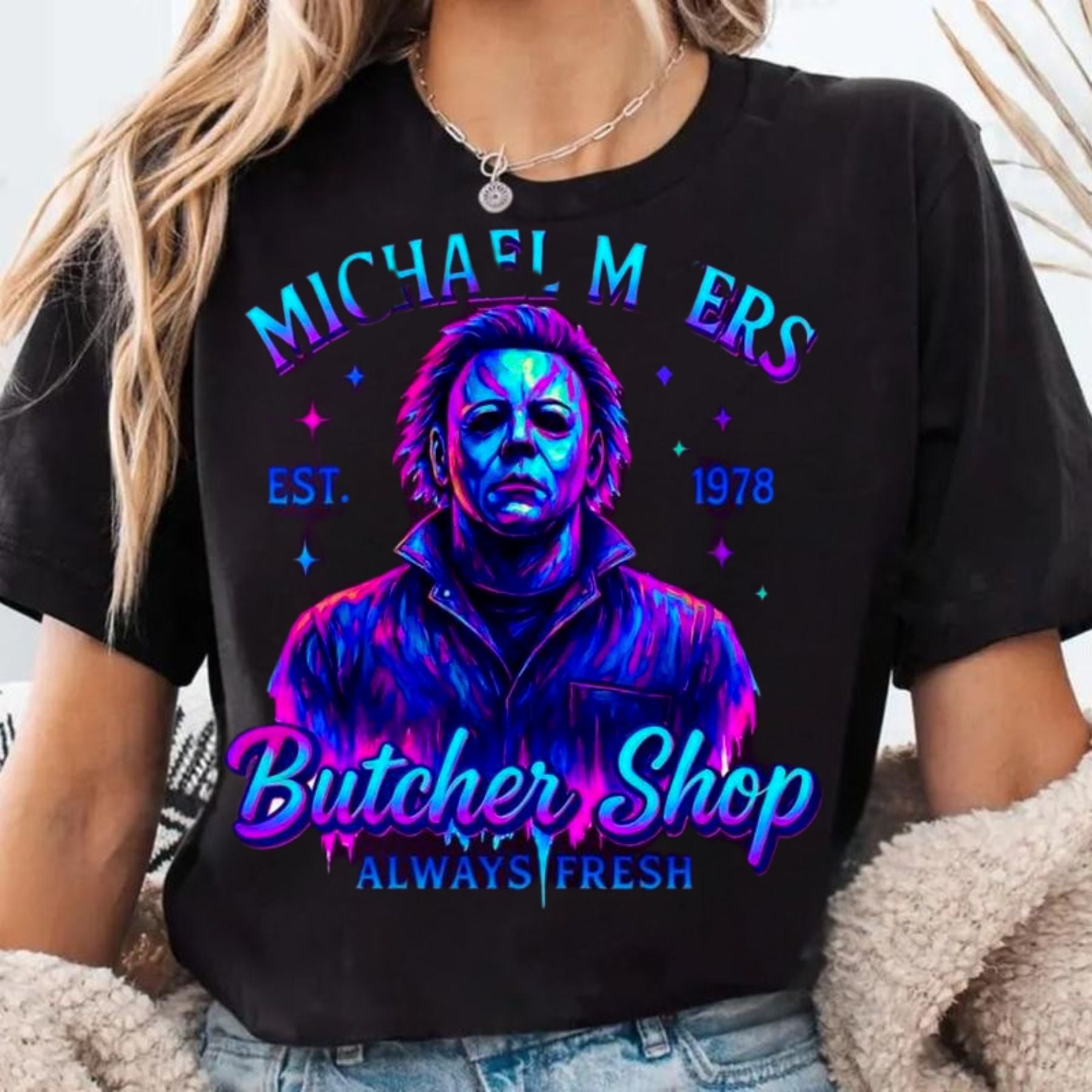 Pasimax Halloween Neon Horror Characters Shirt — alternative angle