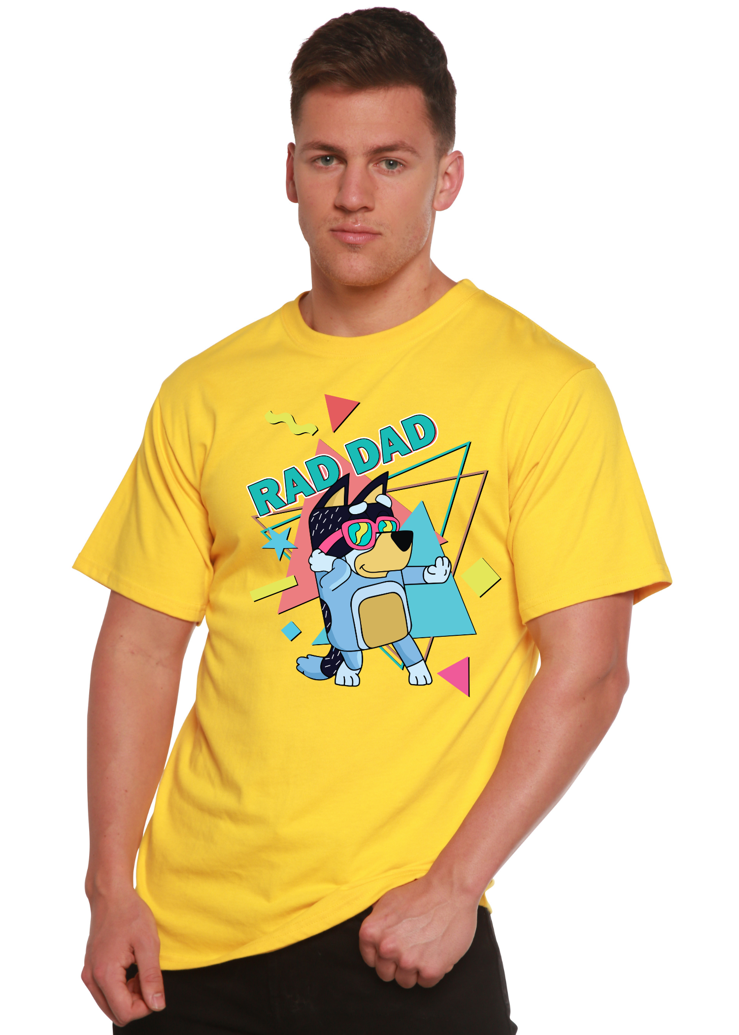 Spun Bamboo Rad Dad Bluey Men's Bamboo Short Sleeve Graphic T-Shirt — lifestyle context