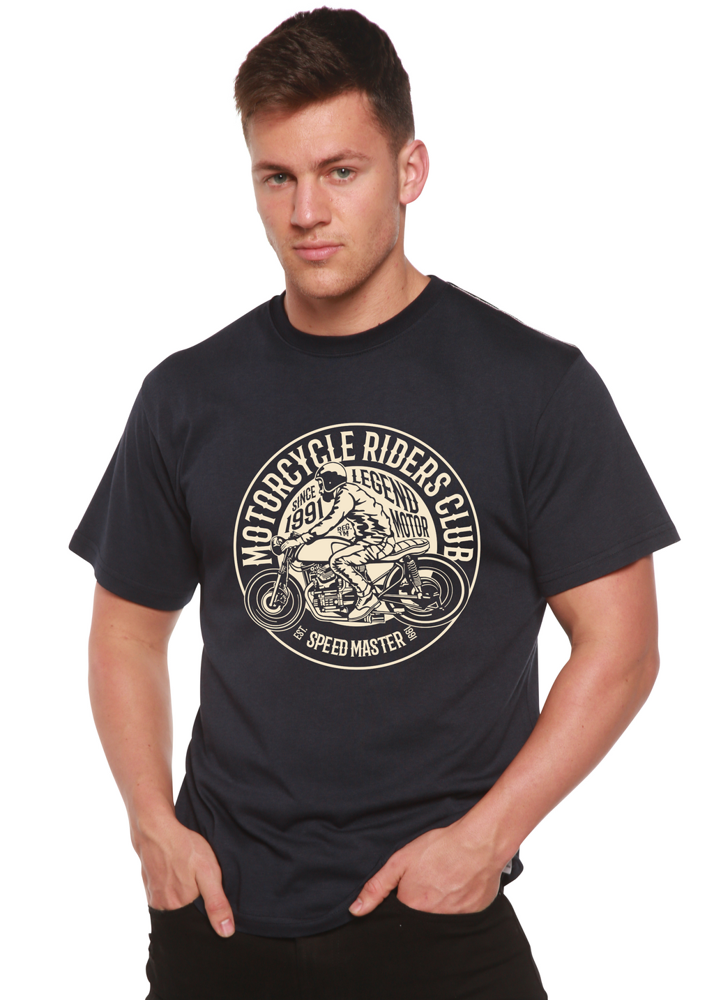 Spun Bamboo Motorcycle Riders Club Men's Bamboo Viscose/Organic Cotton Short Sleeve Graphic T-Shirt — detail close-up