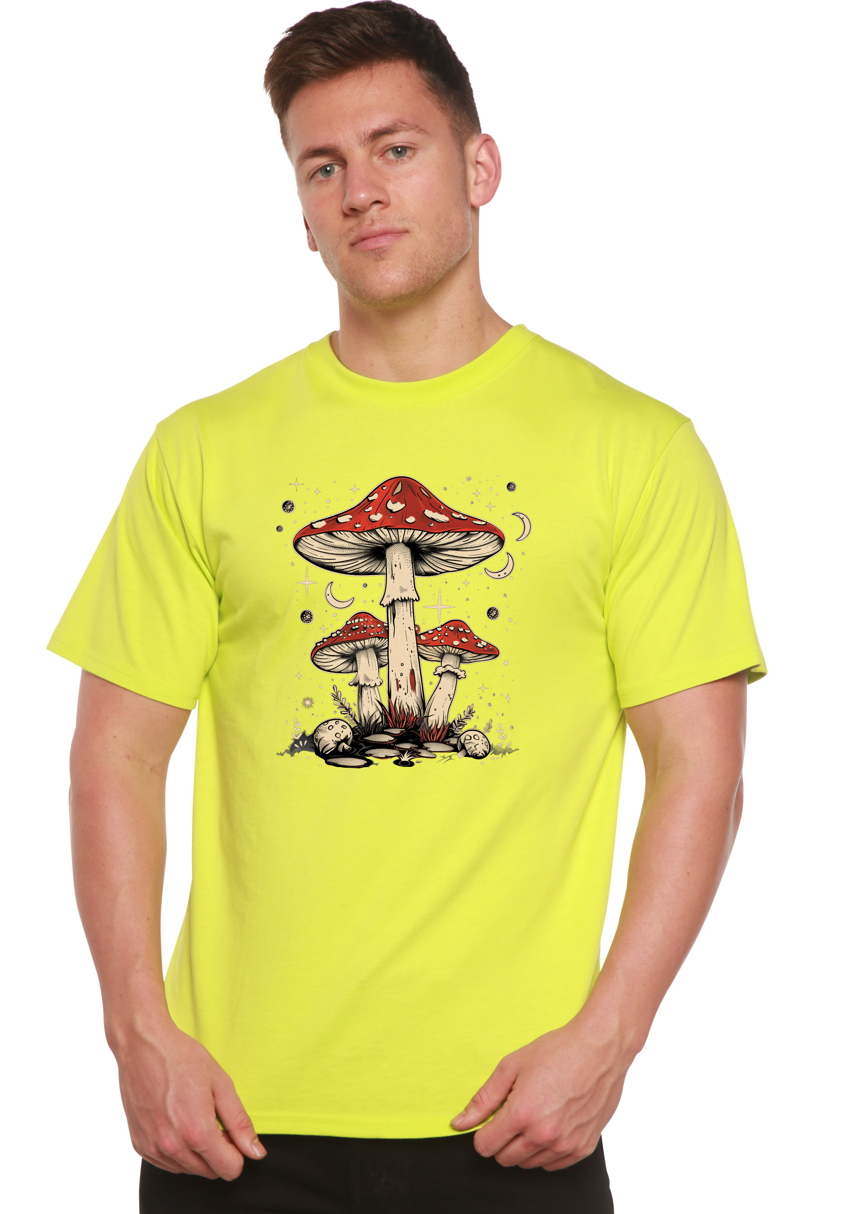 Spun Bamboo Boho Retro Hippie Mushrooms Natural Unisex Bamboo/Cotton Graphic T-Shirt — back view