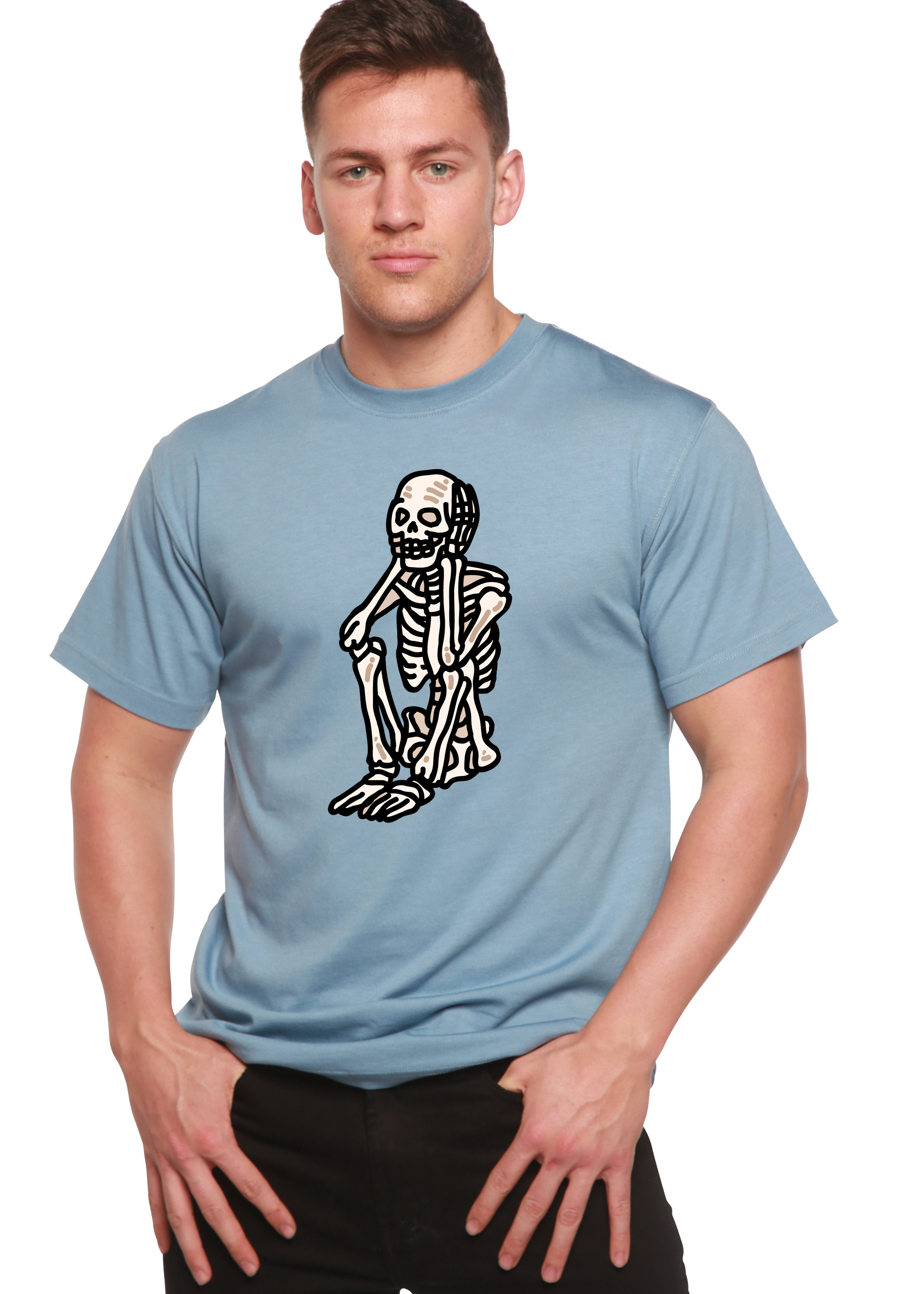 Spun Bamboo Sad Skeleton Halloween Unisex Bamboo Viscose/Organic Cotton Short Sleeve Graphic T-Shirt — detail close-up