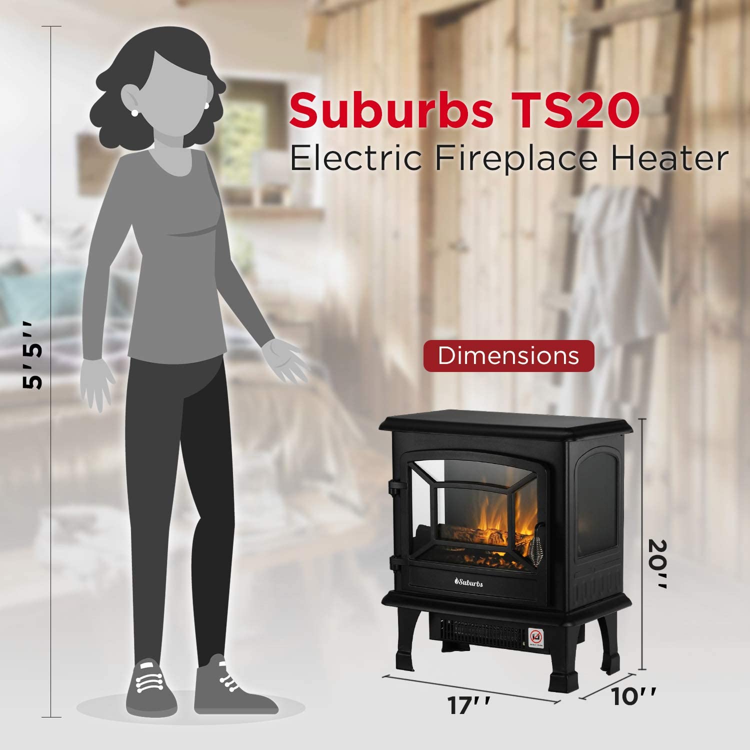(Open Box) Suburbs TS20 Electric Fireplace Stove – TURBRO, view 6