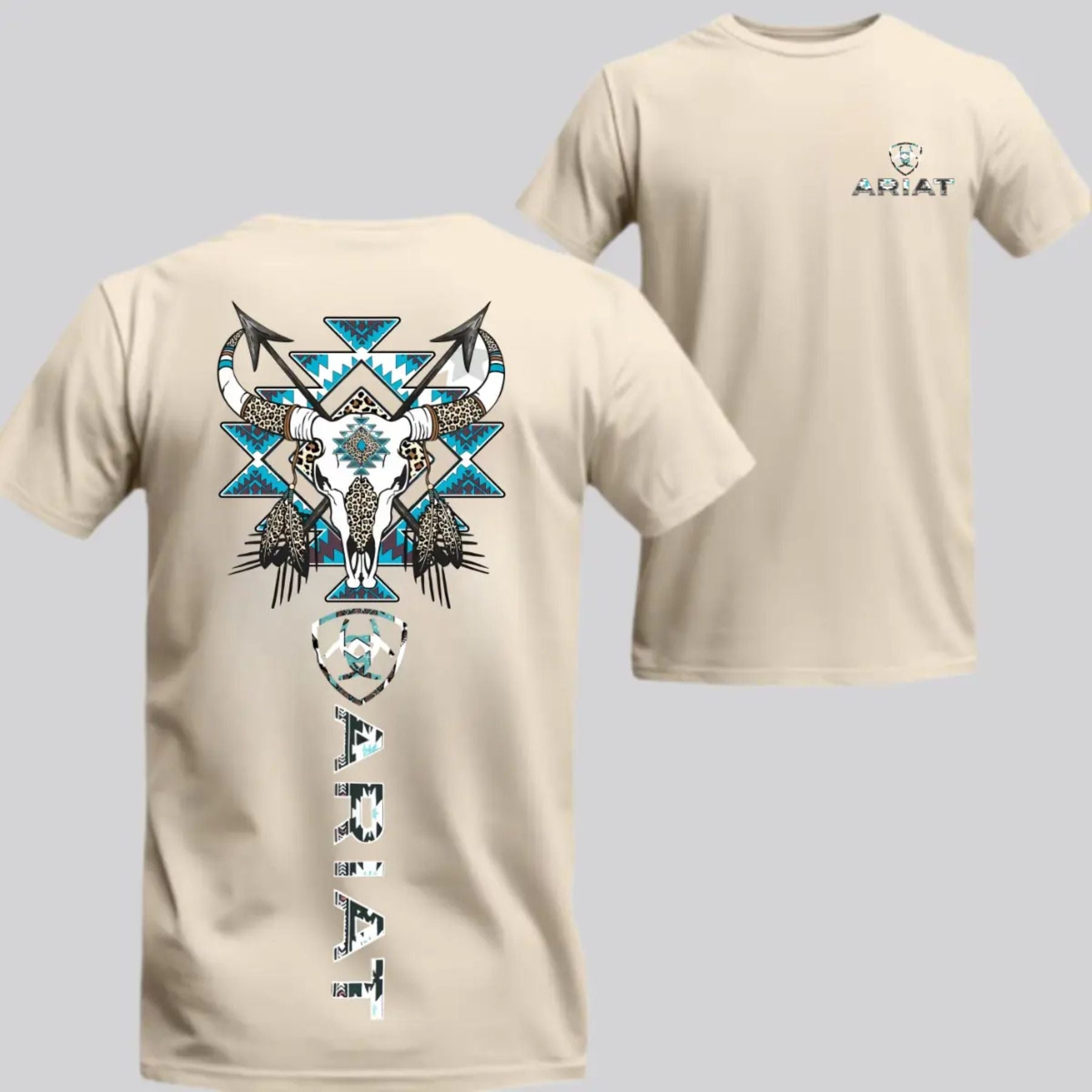 Pasimax Ariat Western Bull Skull T-Shirt - Tribal Graphic with Turquoise Accents, Rodeo Style Gift Tee — back view