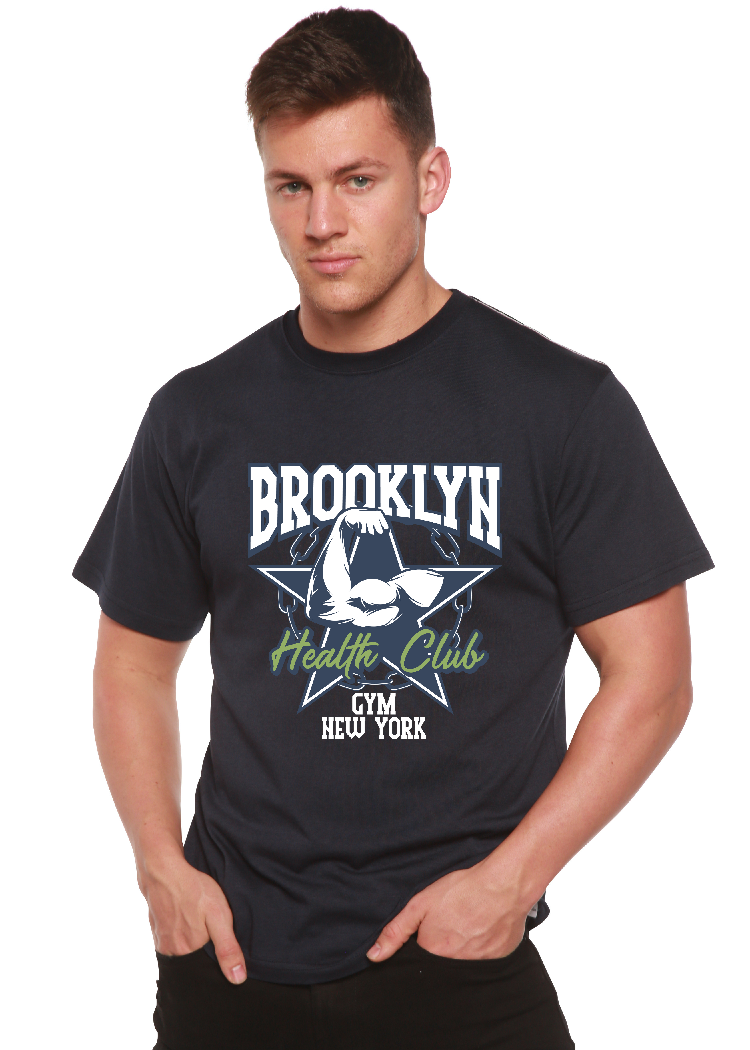 Spun Bamboo Brooklyn Health Club Men's Bamboo Viscose/Organic Cotton Short Sleeve Graphic T-Shirt — in-use photo