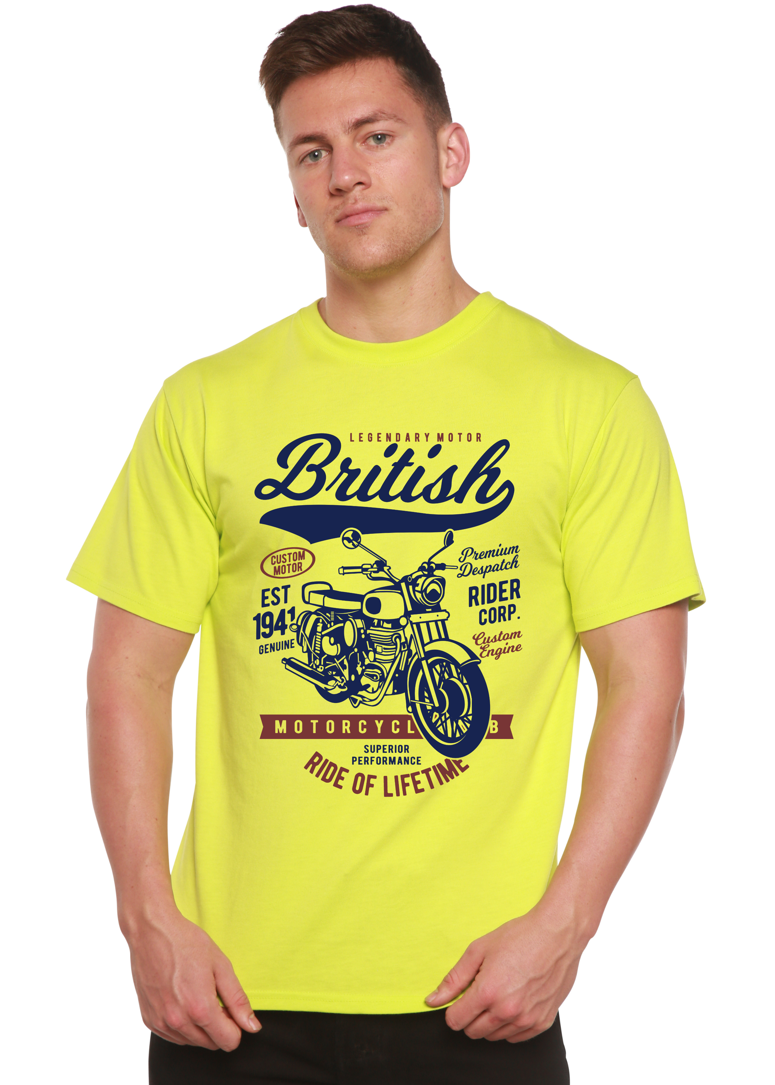 Spun Bamboo British Motorcycle Men's Bamboo Viscose/Organic Cotton Short Sleeve Graphic T-Shirt — in-use photo