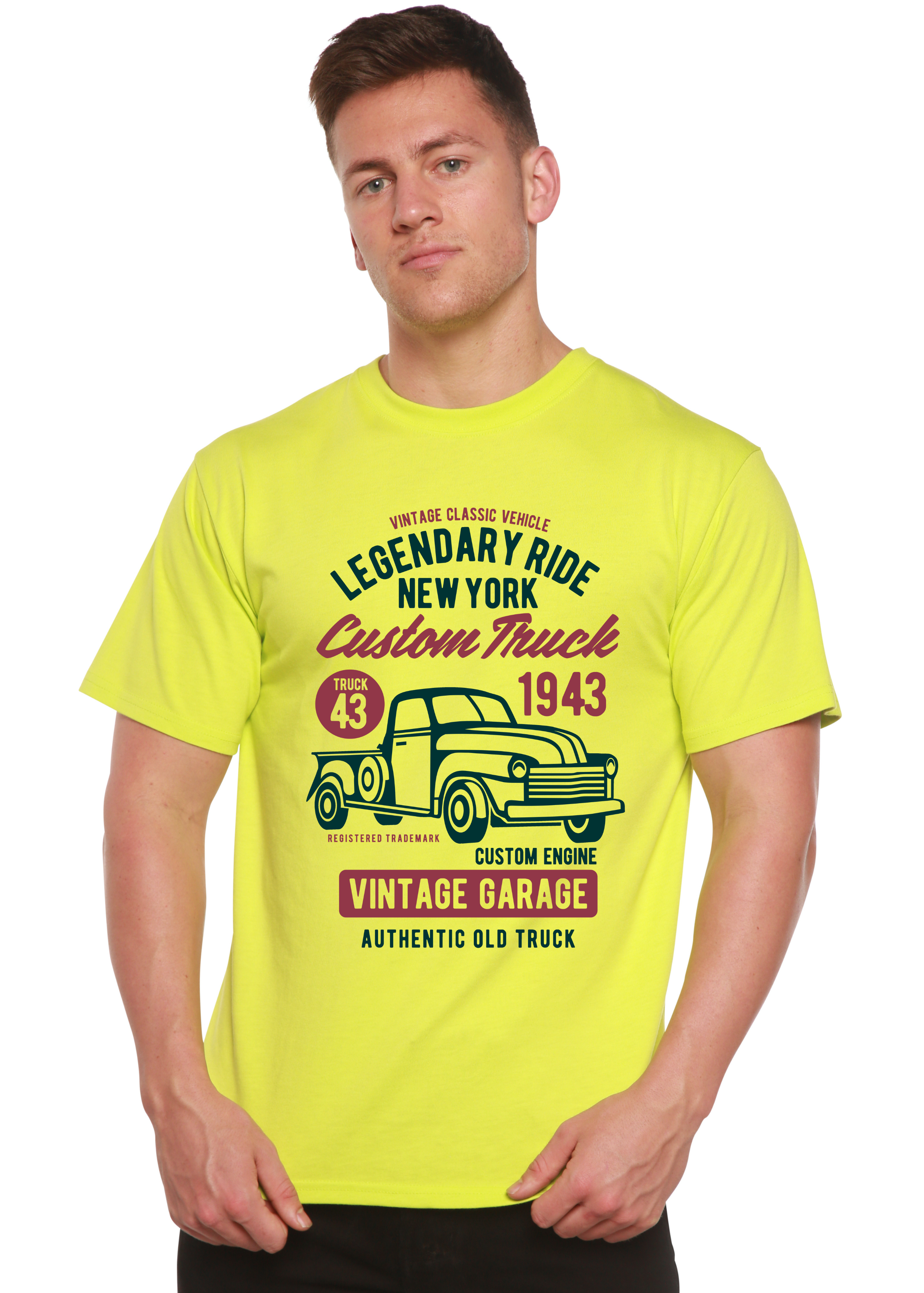 Spun Bamboo Legendary Ride Custom Truck Men's Bamboo Viscose/Organic Cotton Short Sleeve Graphic T-Shirt — in-use photo