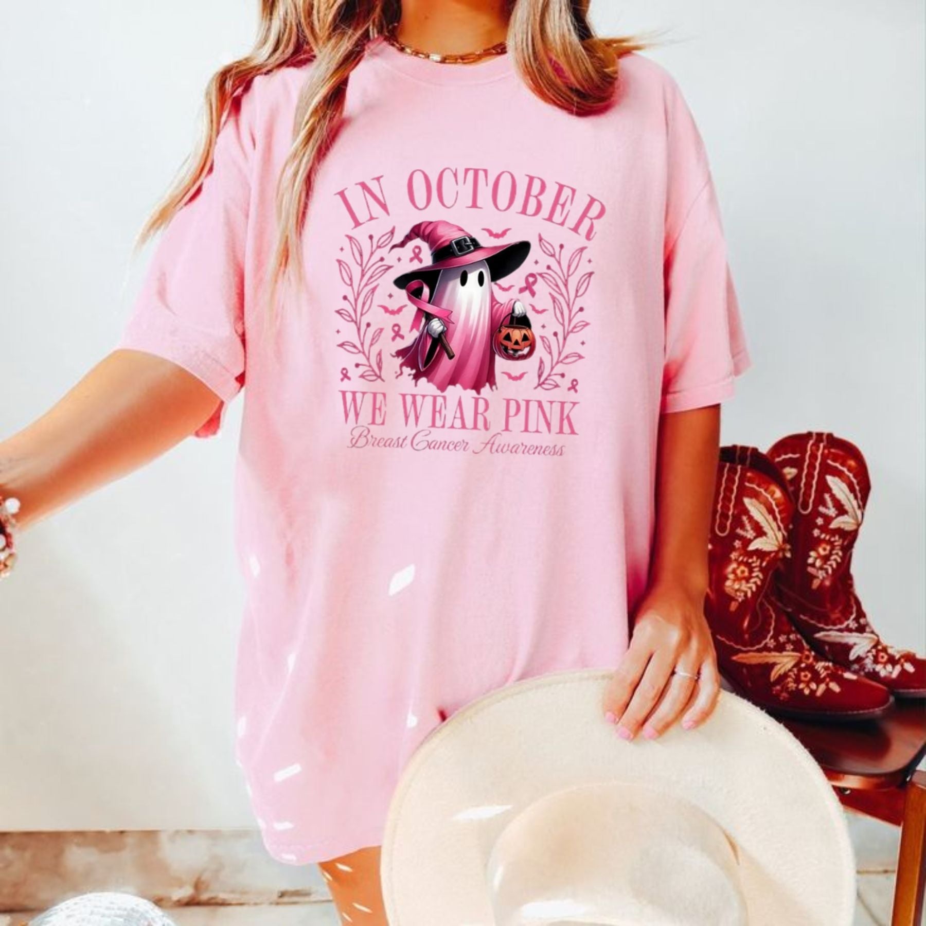 Pasimax In October We Wear Pink Ghost T-Shirt — alternative angle