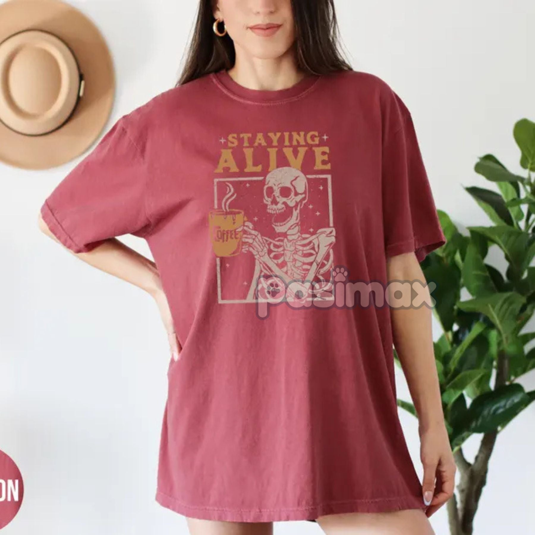 Pasimax 'Staying Alive' Coffee Shirt – Skeleton Retro T-shirt, Funny Coffee Lovers Gift, Daily Grind Tee, Women's Comfort Col