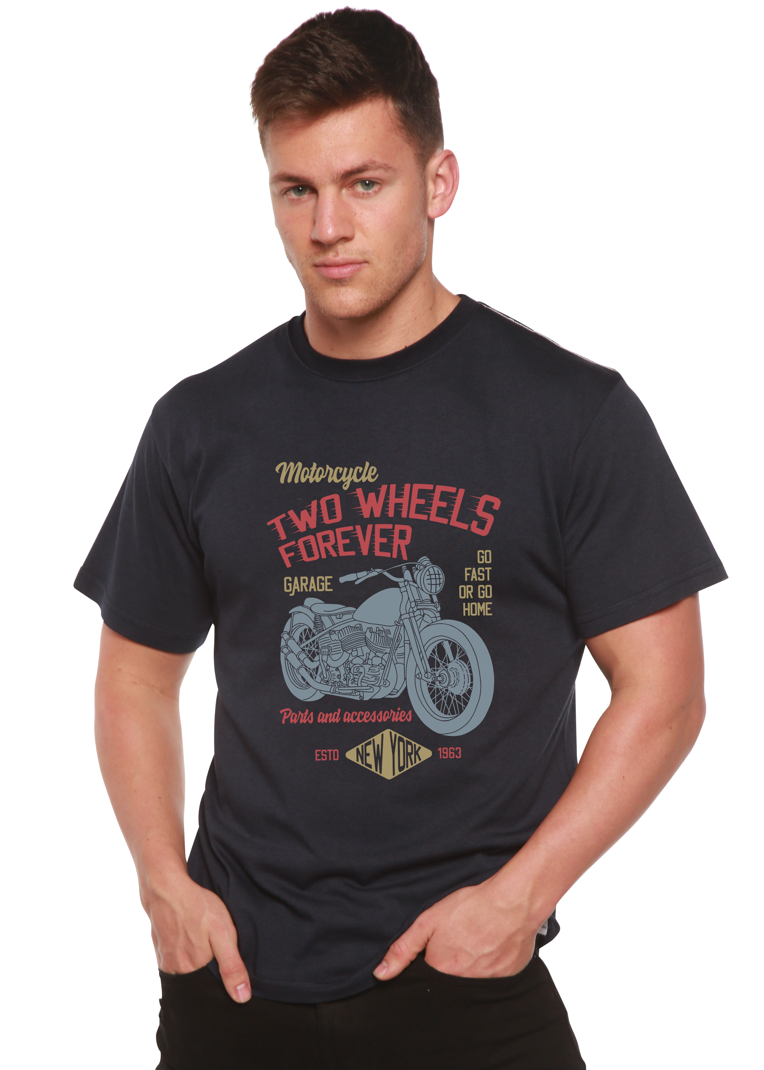 Spun Bamboo Two Wheels Forever Men's Bamboo Viscose/Organic Cotton Short Sleeve Graphic T-Shirt — detail close-up