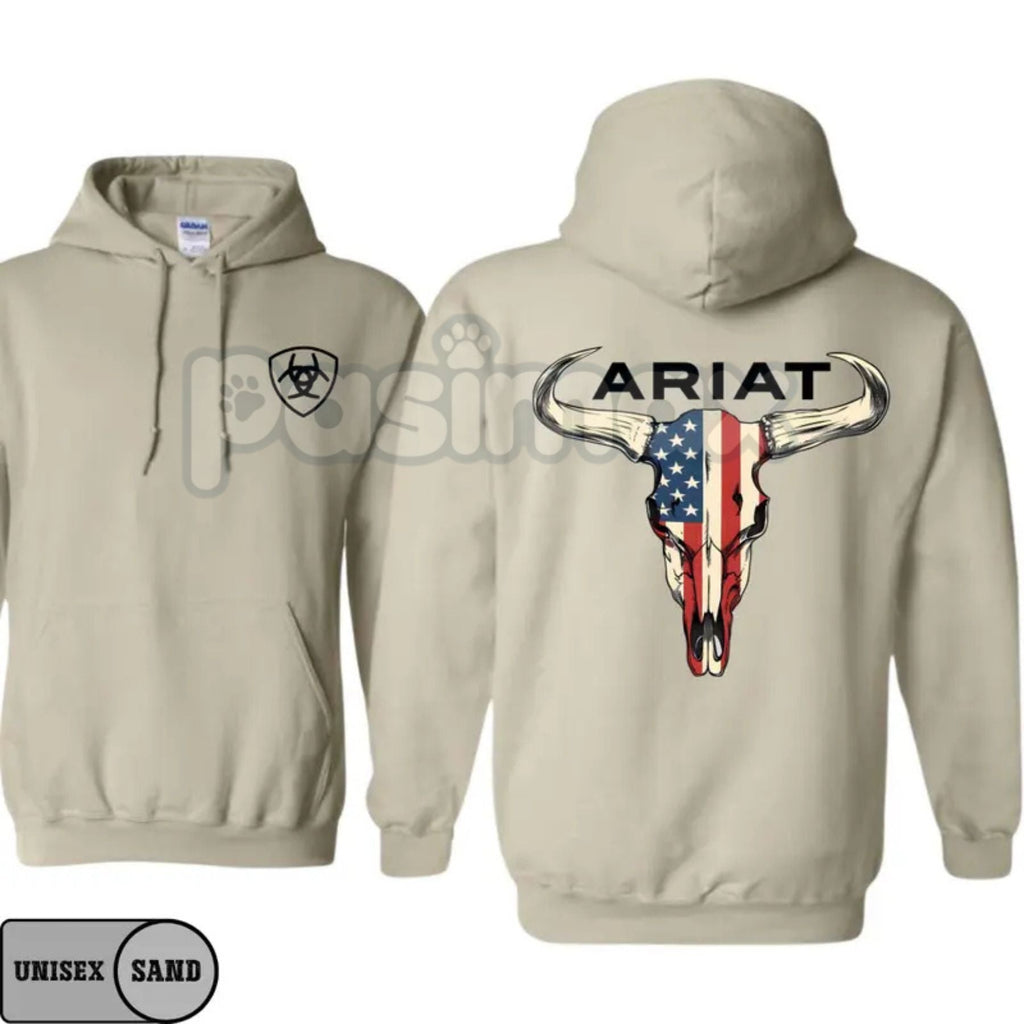 Pasimax Ariat Hoodie – American Flag Bull Skull Western Cowboy Pullover, Patriotic & Rustic Outdoors Apparel, Unisex — altern