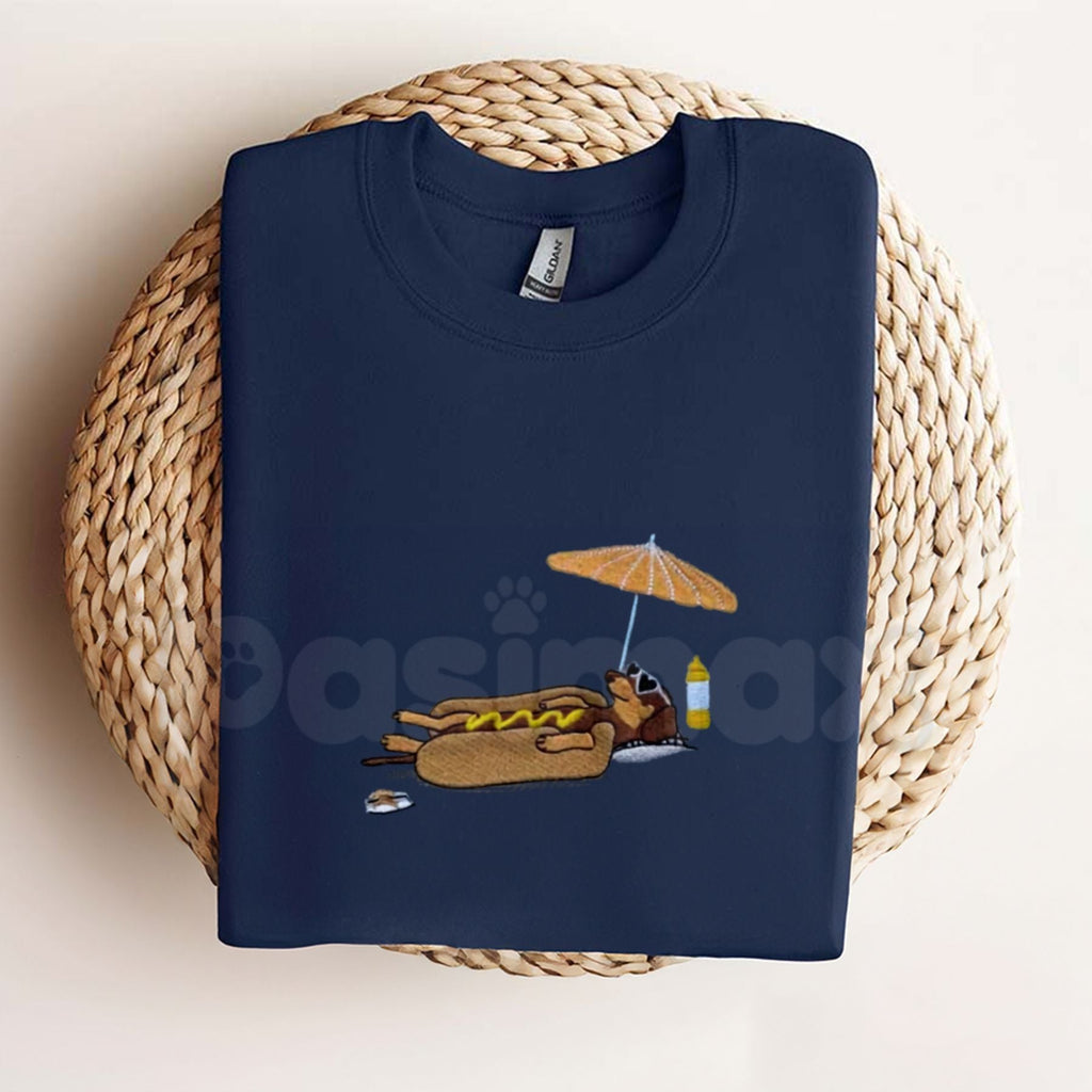 Hot Dog On Beach Dachshund T-Shirt – Embroidered Summer Tee, Funny Doxie Shirt for Beach Lovers & Dog Moms