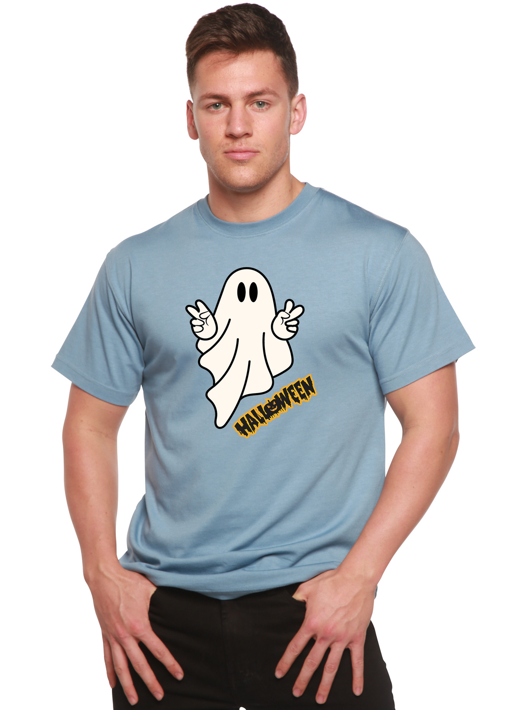 Spun Bamboo Halloween Ghost Unisex Bamboo Viscose/Organic Cotton Short Sleeve Graphic T-Shirt — packaging