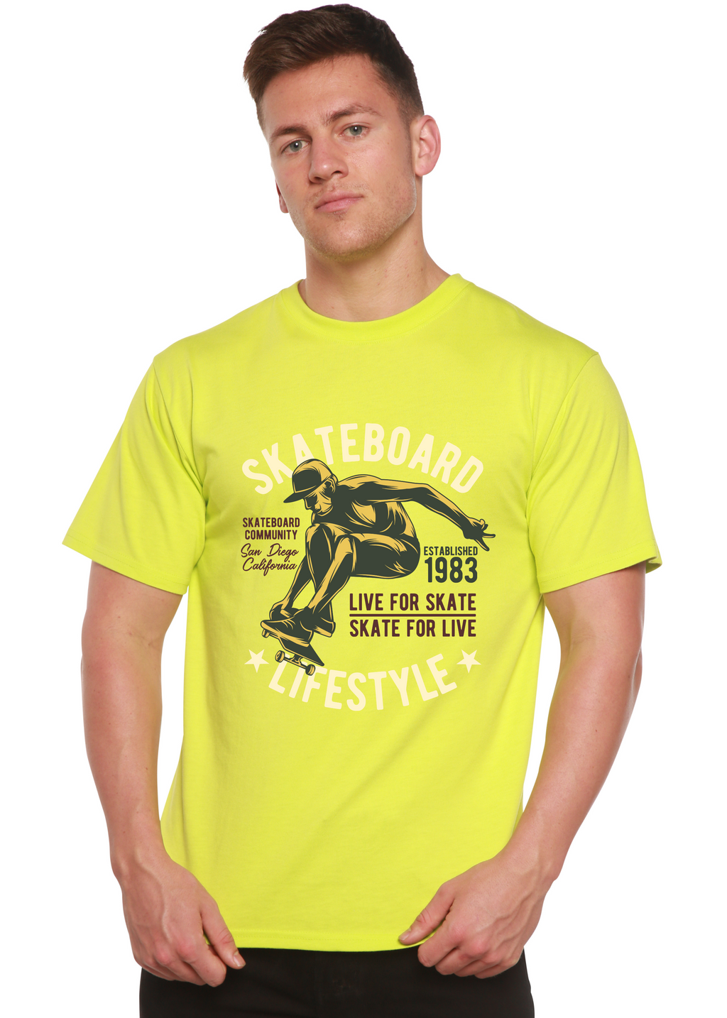 Spun Bamboo Skateboard Lifestyle Men's Bamboo Viscose/Organic Cotton Short Sleeve Graphic T-Shirt — in-use photo
