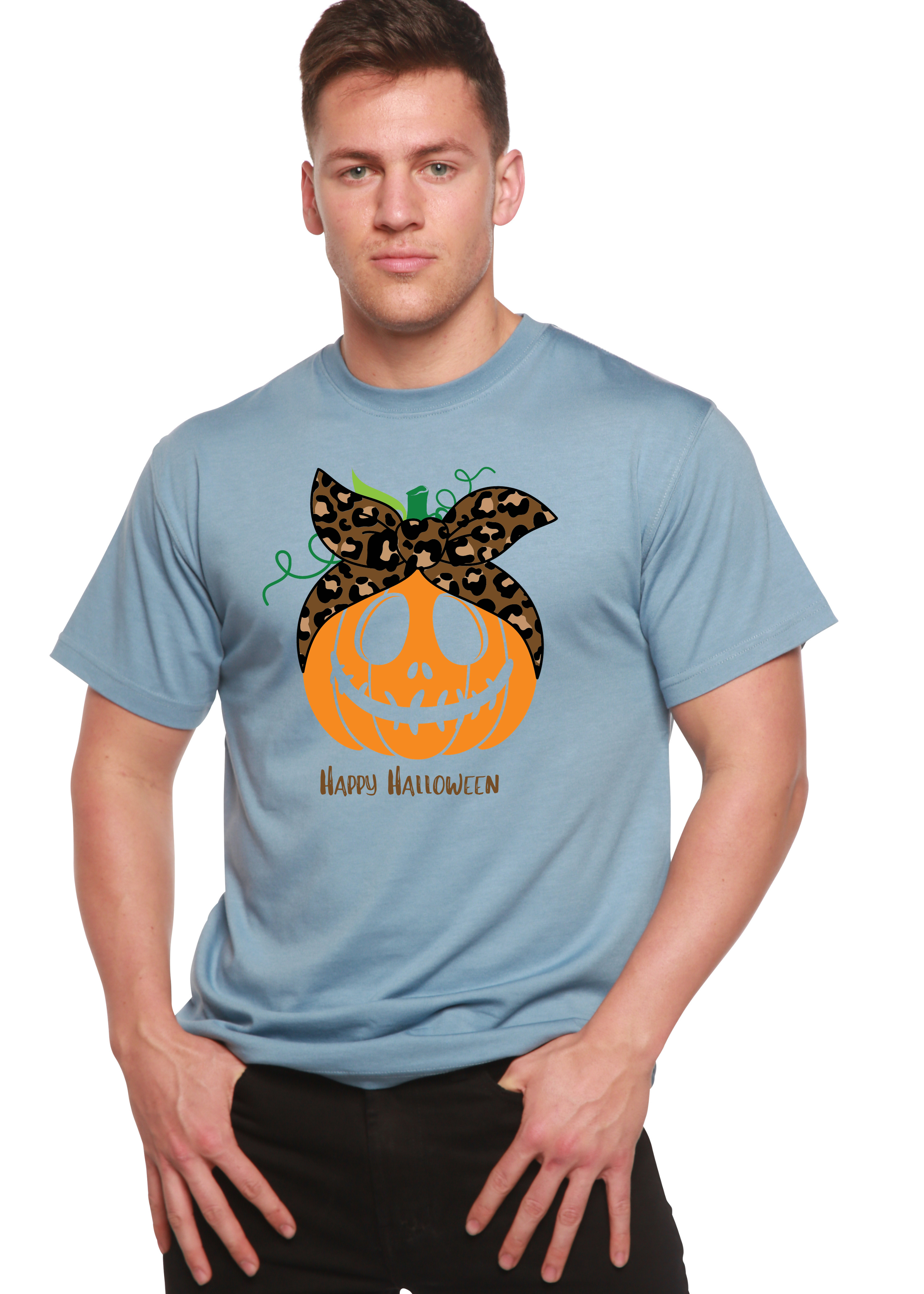 Spun Bamboo Happy Halloween Men's Bamboo Viscose/Organic Cotton Short Sleeve Graphic T-Shirt — in-use photo