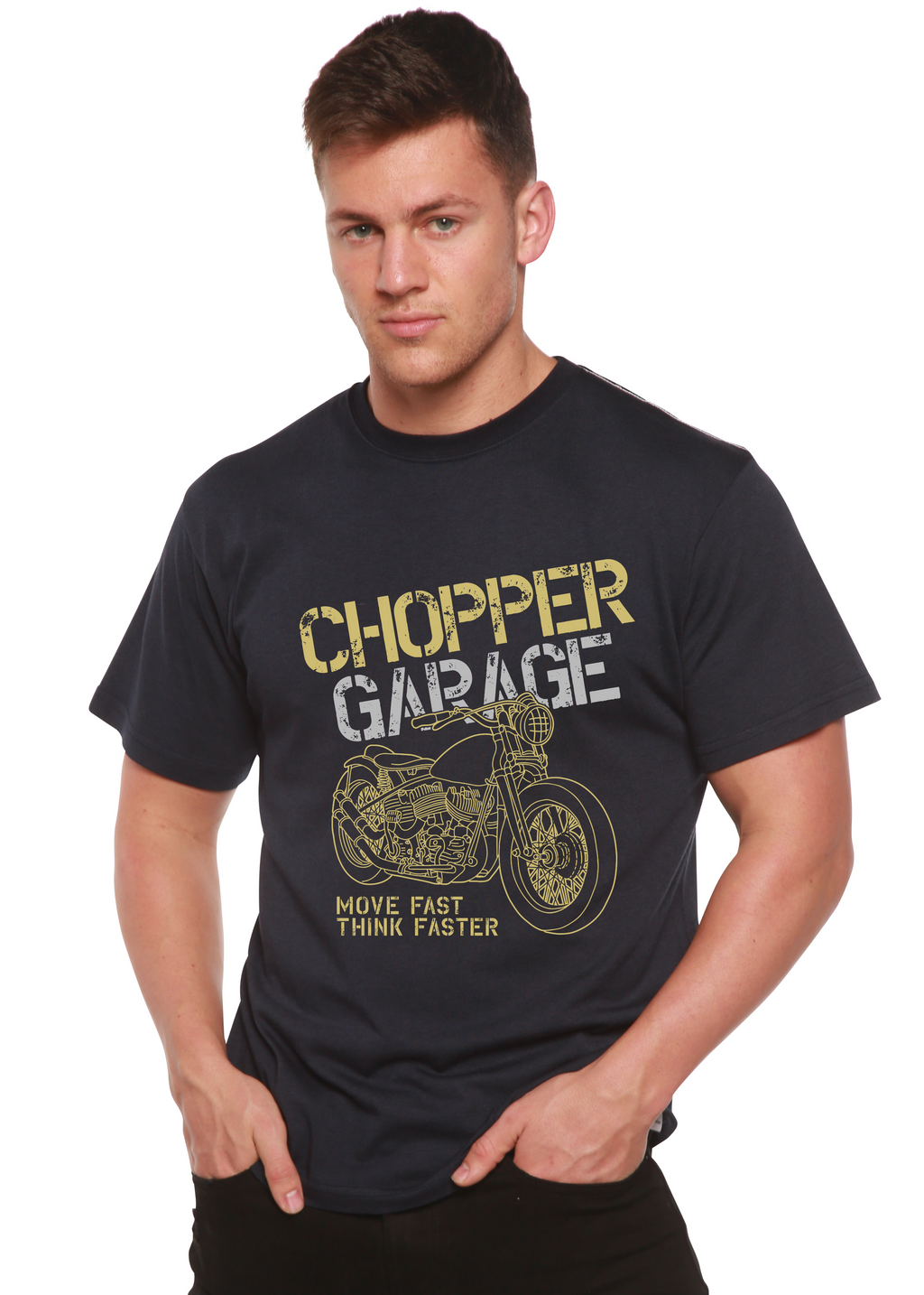 Spun Bamboo Chopper Garage Men's Bamboo Viscose/Organic Cotton Short Sleeve Graphic T-Shirt — detail close-up