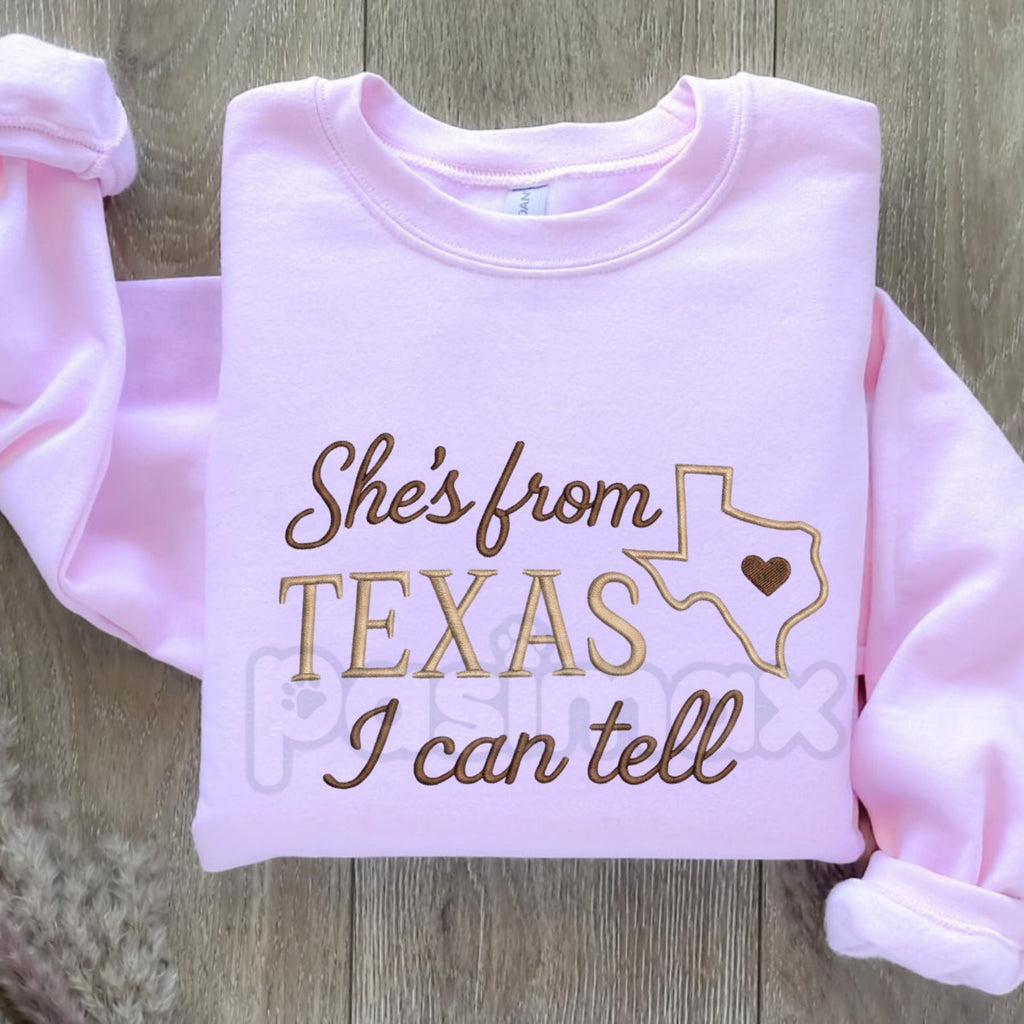 Pasimax "She's from Texas" Embroidered Sweatshirt – Texas Outline & Heart Design Crewneck — side view