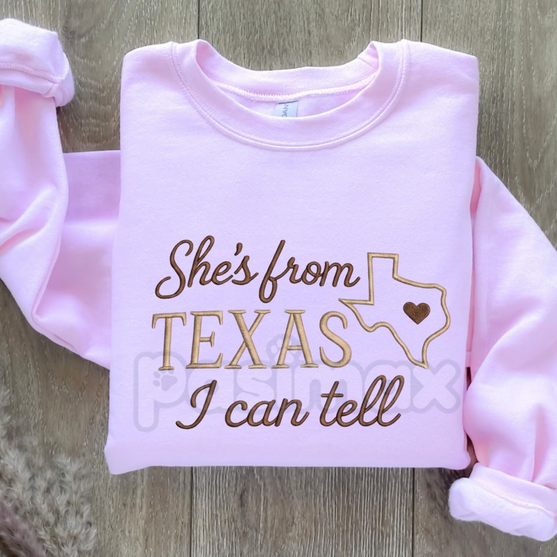 Pasimax "She's from Texas" Embroidered Sweatshirt – Texas Outline & Heart Design Crewneck — side view