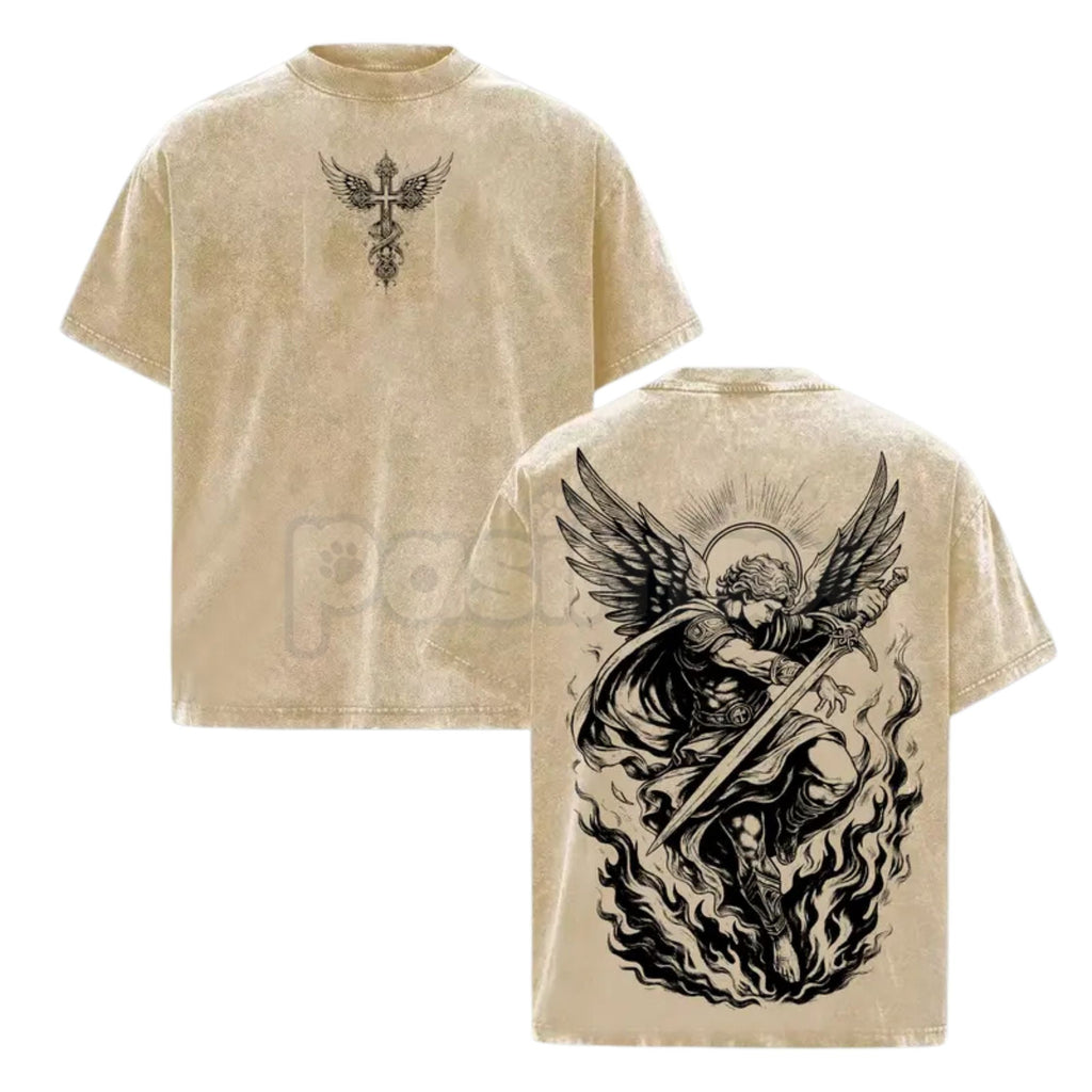 Pasimax Archangel Michael Vintage Washed T-Shirt – Saint Michael Christian Streetwear Graphic Tee — lifestyle context