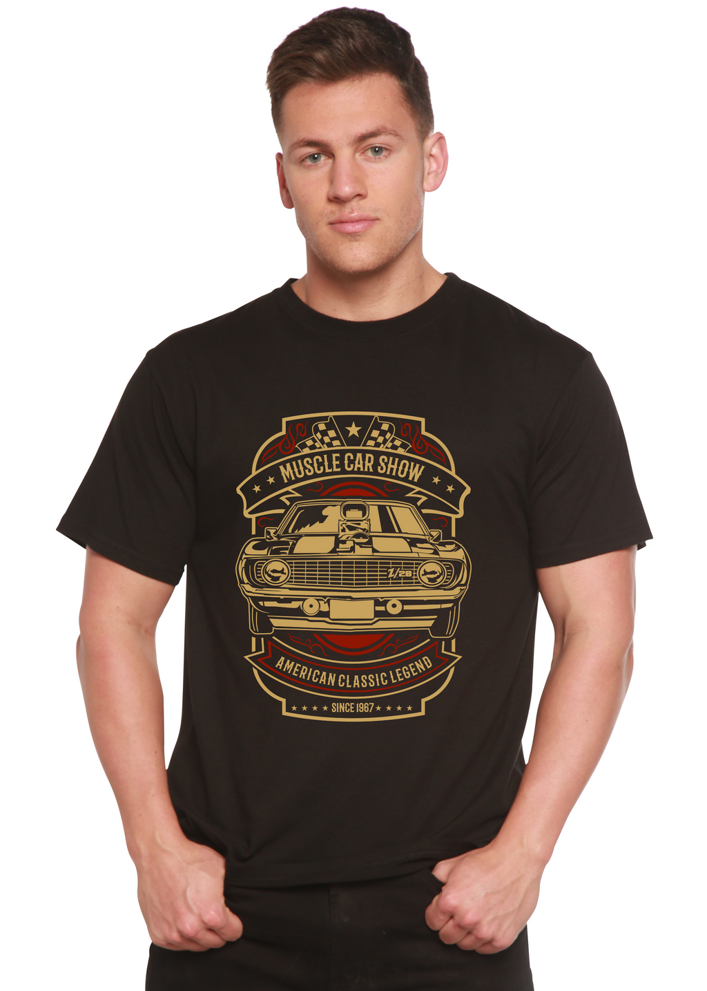 Spun Bamboo Muscle Car Show Spun Bamboo® Men's Bamboo Viscose/Organic Cotton Short Sleeve Graphic T-Shirt — lifestyle context