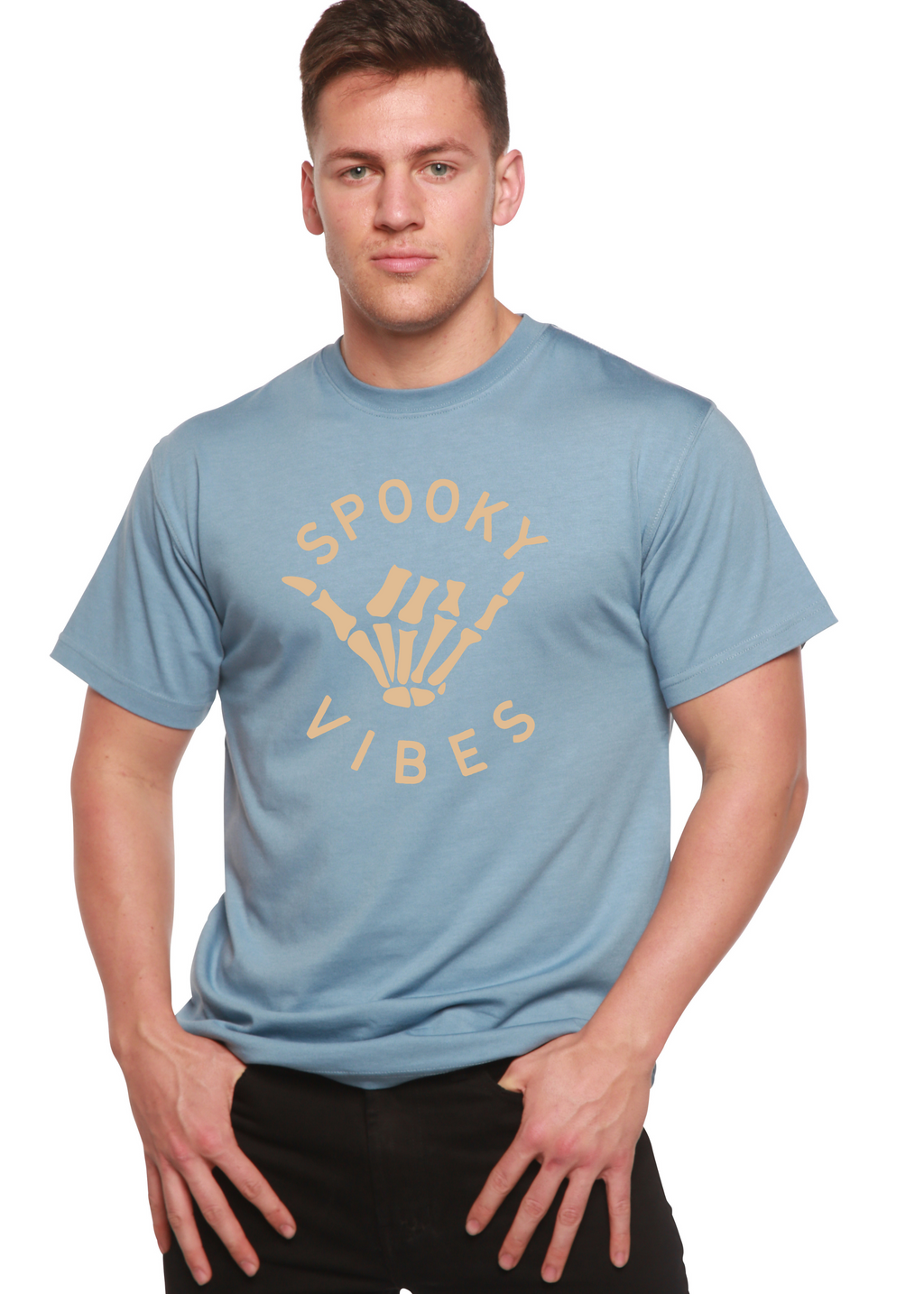 Spun Bamboo Spooky Vibes Men's Bamboo Viscose/Organic Cotton Short Sleeve Graphic T-Shirt — size reference