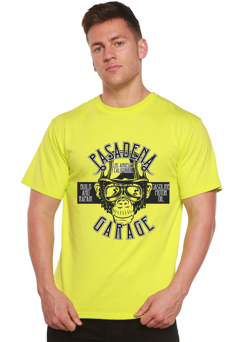 Spun Bamboo Pasadena Garage Men's Bamboo Viscose/Organic Cotton Short Sleeve Graphic T-Shirt — detail close-up