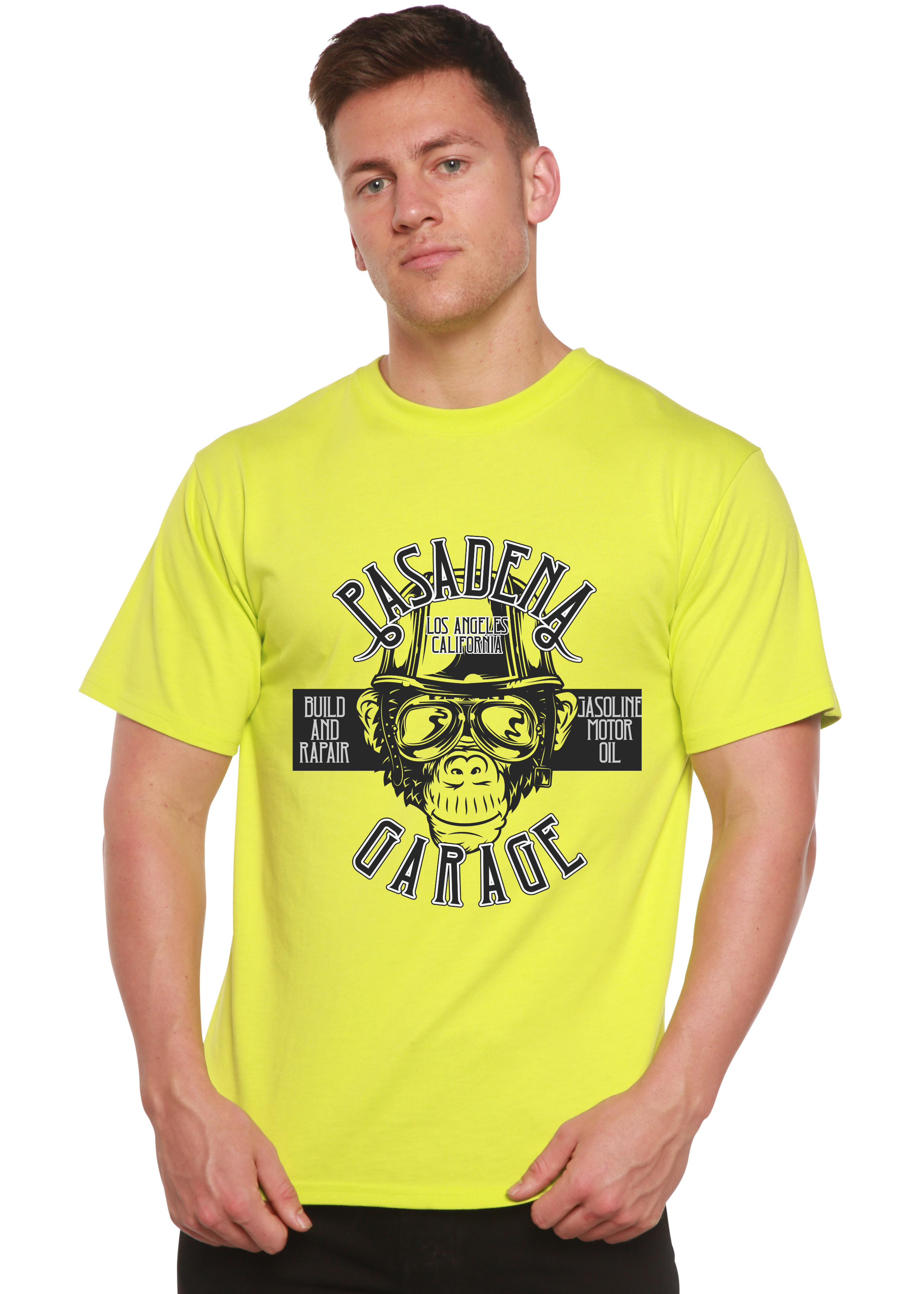 Spun Bamboo Pasadena Garage Men's Bamboo Viscose/Organic Cotton Short Sleeve Graphic T-Shirt — detail close-up