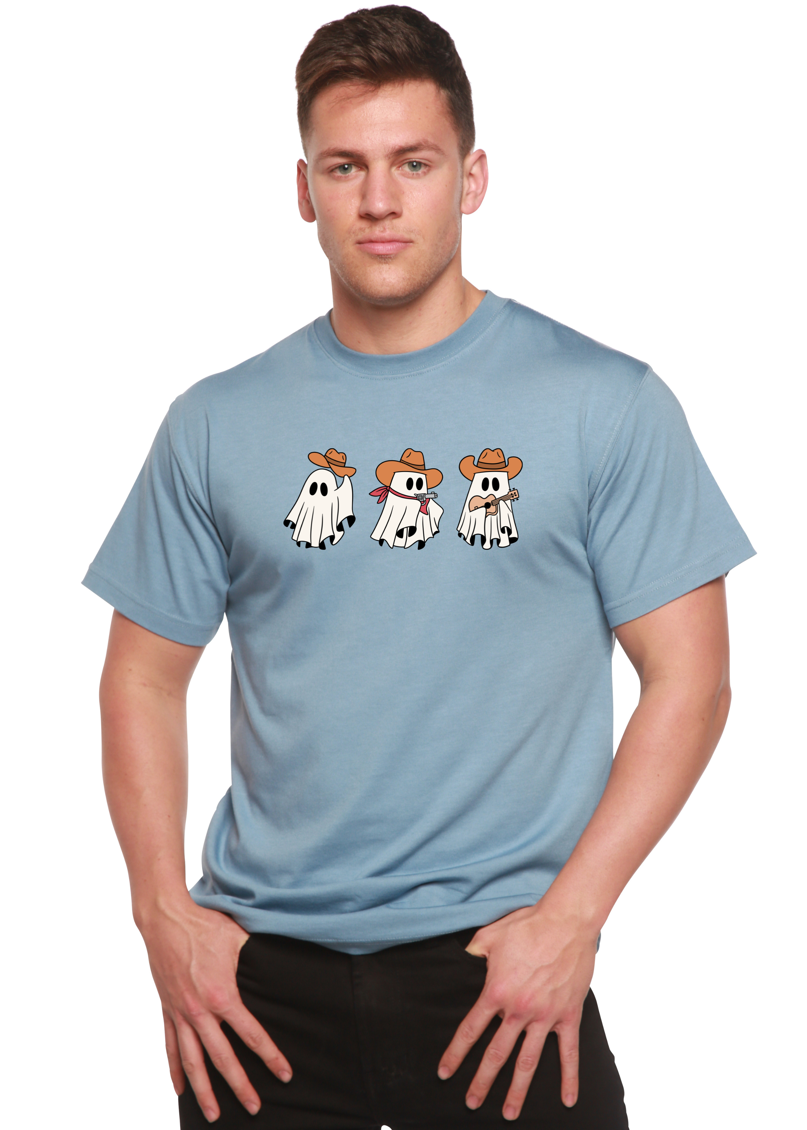 Spun Bamboo Cowboy Ghosts Unisex Bamboo Viscose/Organic Cotton Short Sleeve Graphic T-Shirt — detail close-up