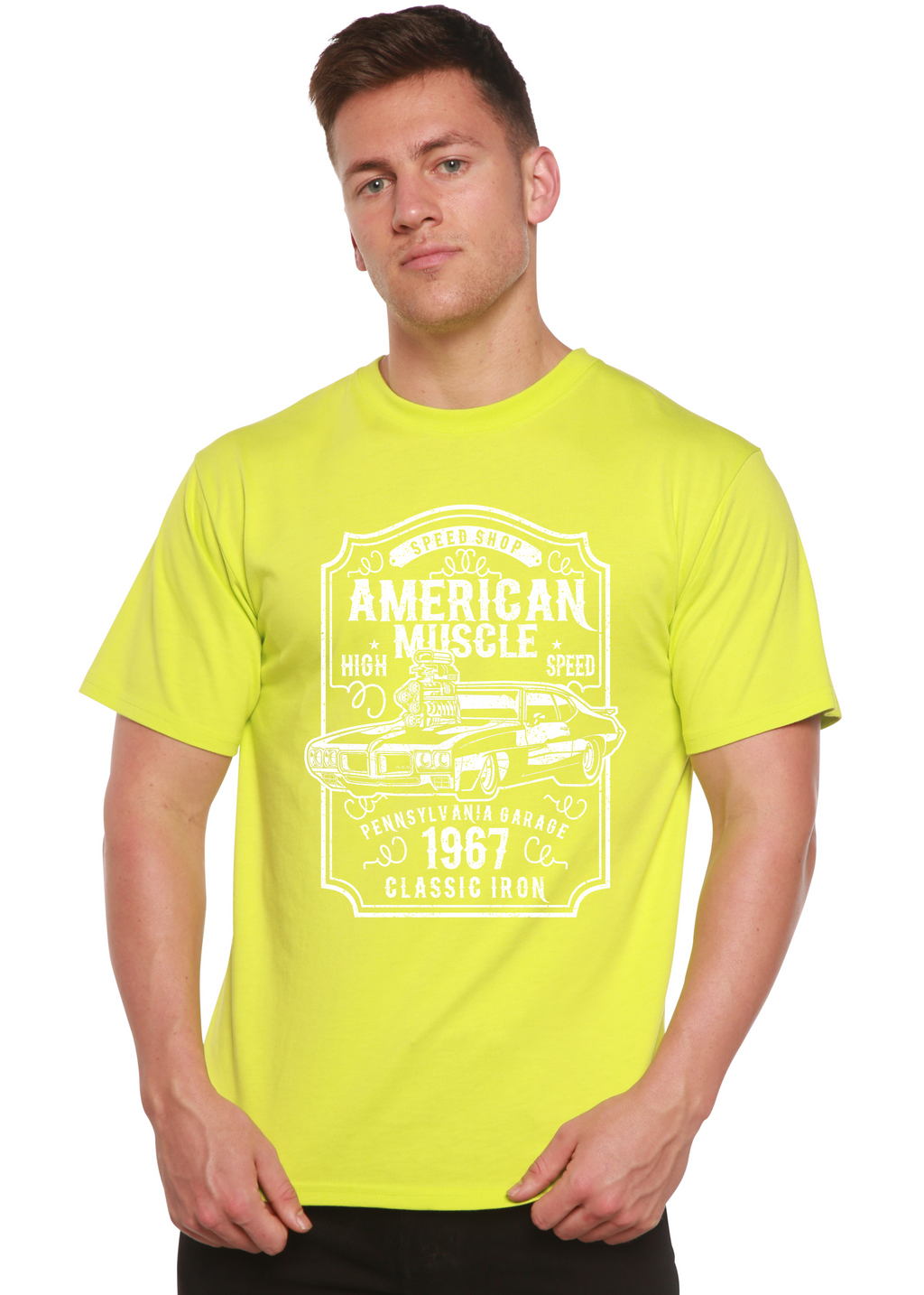 Spun Bamboo American Muscle Men's Bamboo Viscose/Organic Cotton Short Sleeve Graphic T-Shirt — size reference