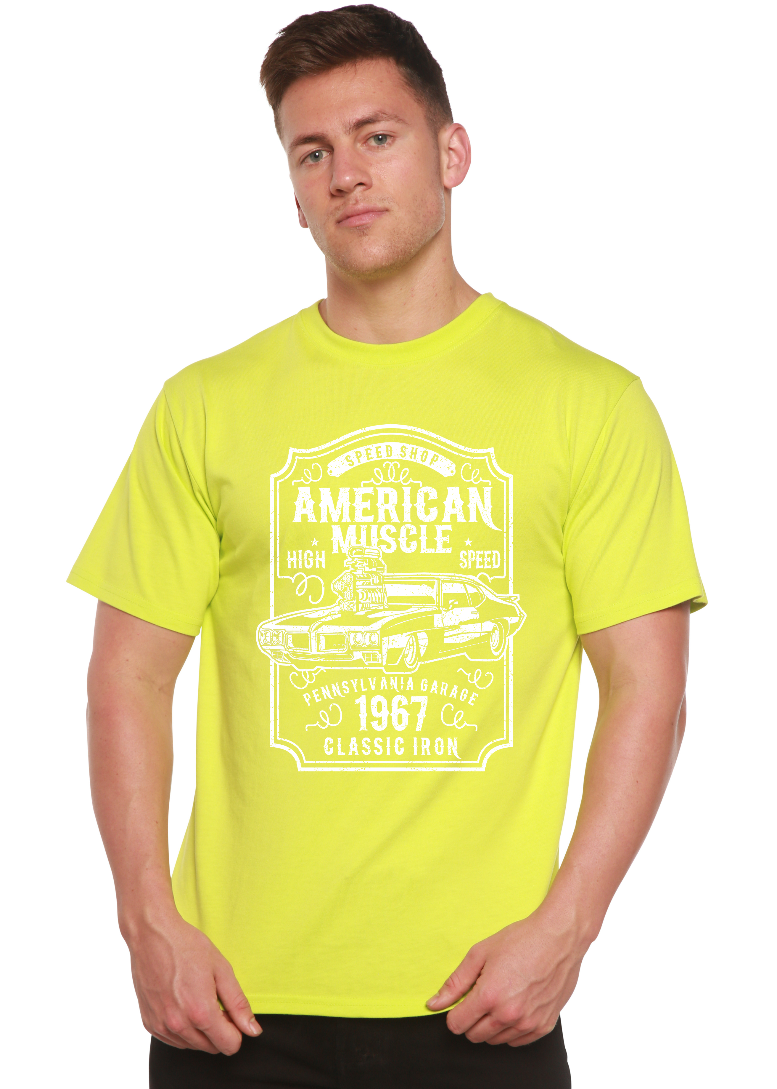 Spun Bamboo American Muscle Men's Bamboo Viscose/Organic Cotton Short Sleeve Graphic T-Shirt — size reference