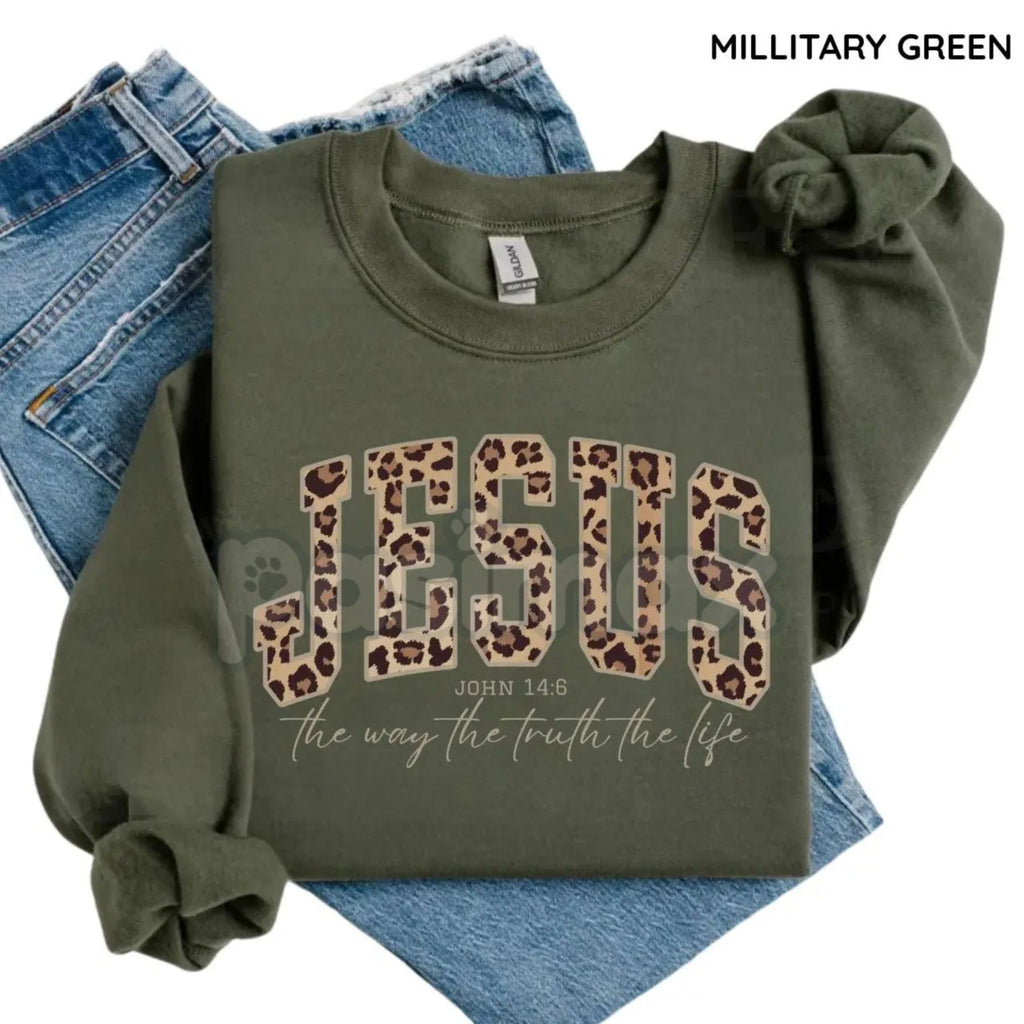 Pasimax Christian Jesus Leopard Sweatshirt | Cheetah Print Faith Crewneck | Modern Bible Verse Shirt for Women — alternative 