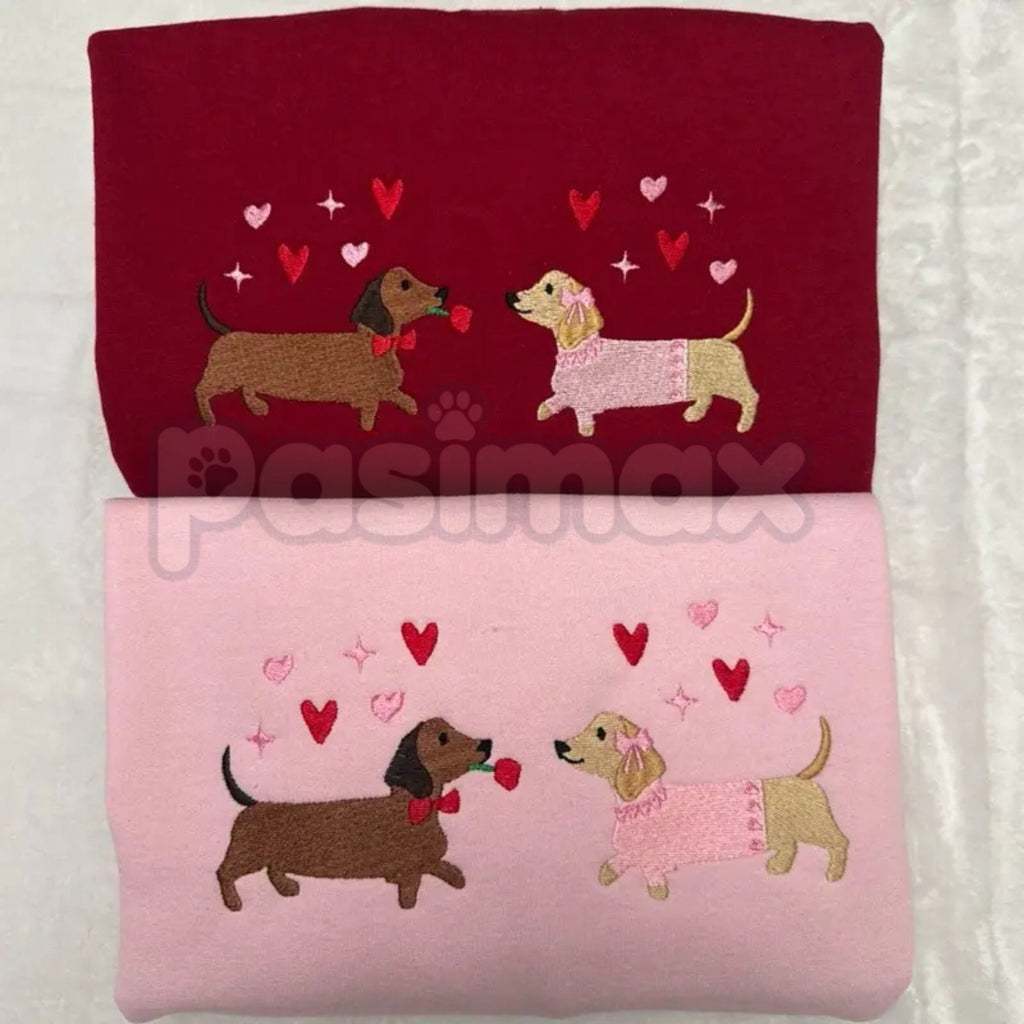 Pasimax Embroidered Dachshund Valentine’s Day Sweatshirt – Cute Doxie Heart Crewneck — alternative angle