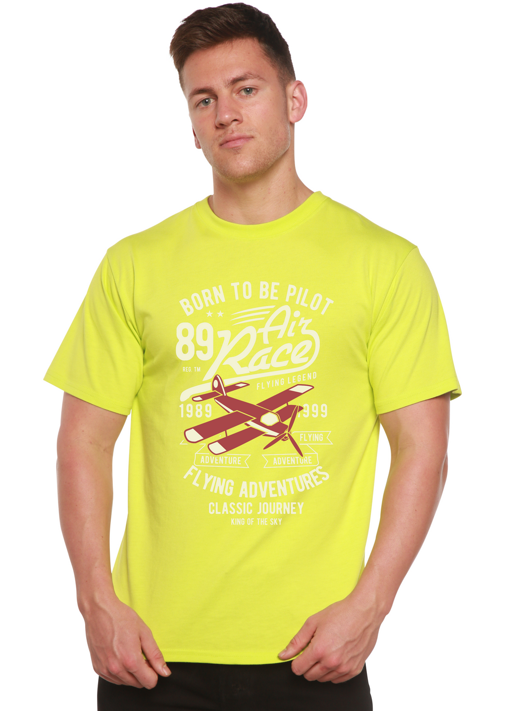 Spun Bamboo Born To Be Pilot Men's Bamboo Viscose/Organic Cotton Short Sleeve Graphic T-Shirt — size reference