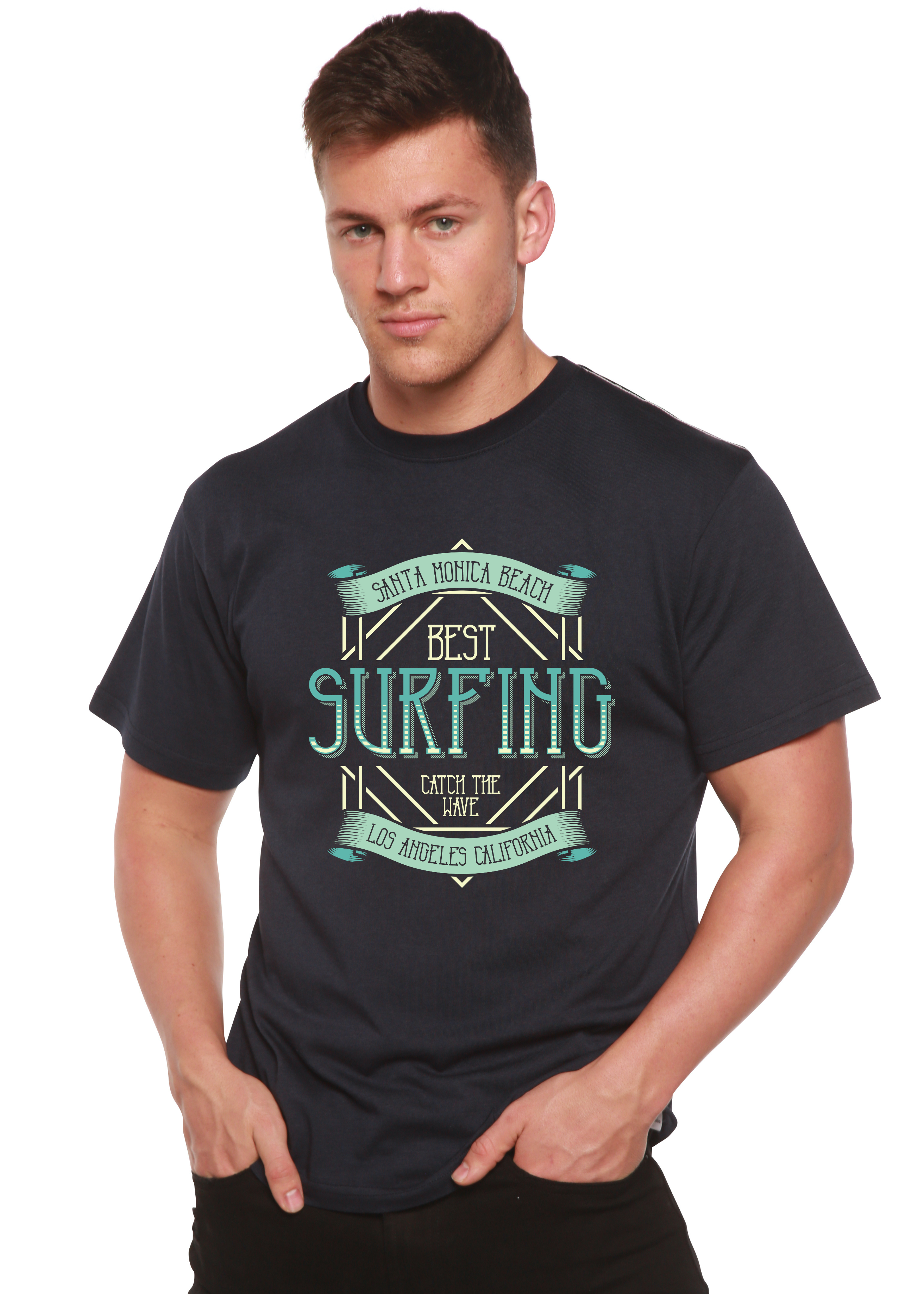 Spun Bamboo Best Surfing Men's Bamboo Viscose/Organic Cotton Short Sleeve Graphic T-Shirt — detail close-up