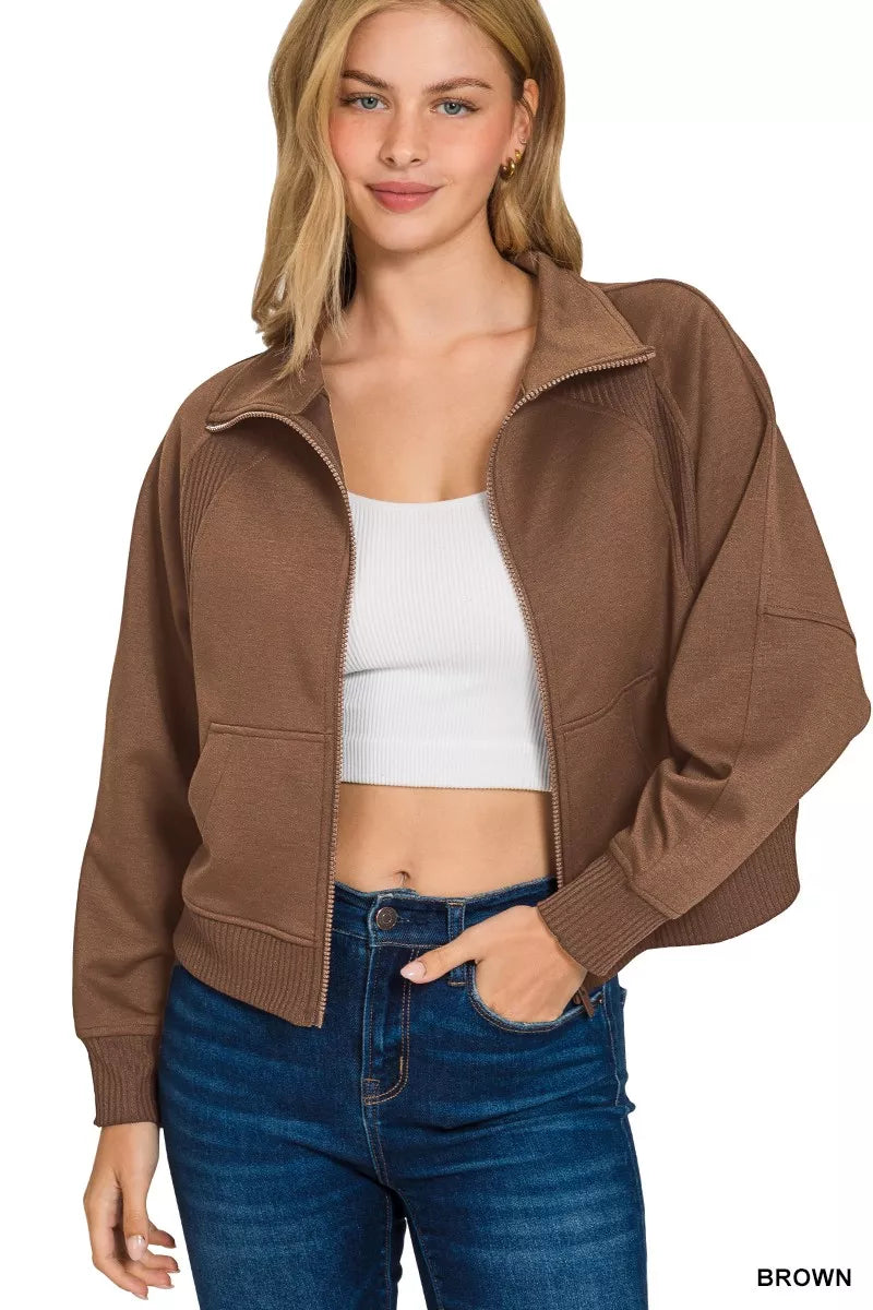 Zenana Scuba Full Zip Cropped Jacket with Pockets