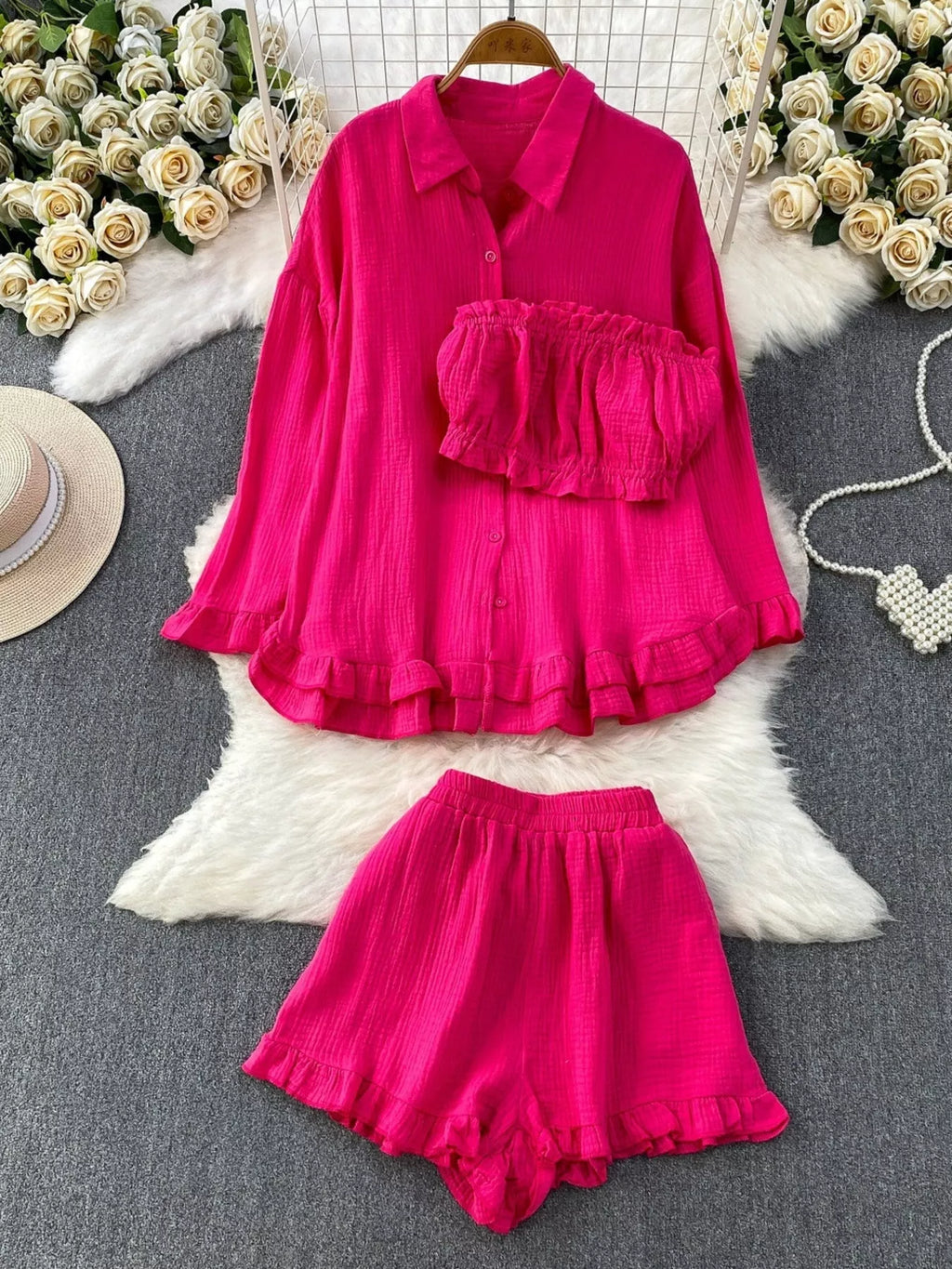 Tube Top & Long Sleeve Shirt & Shorts 3 Piece Set