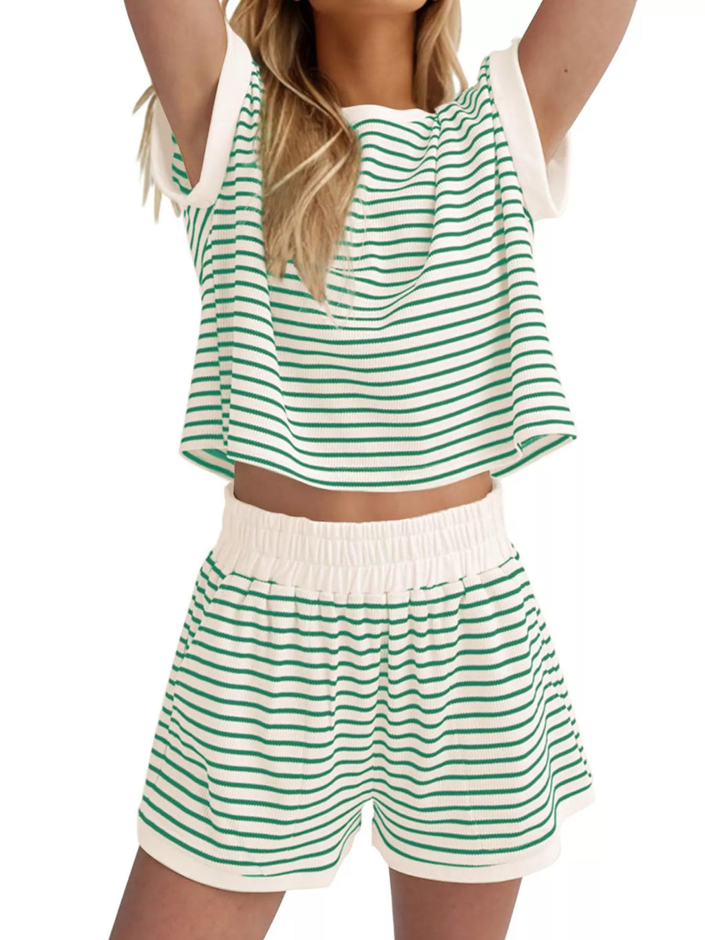 Full Size Striped Round Neck Top and Shorts Set Plus Size