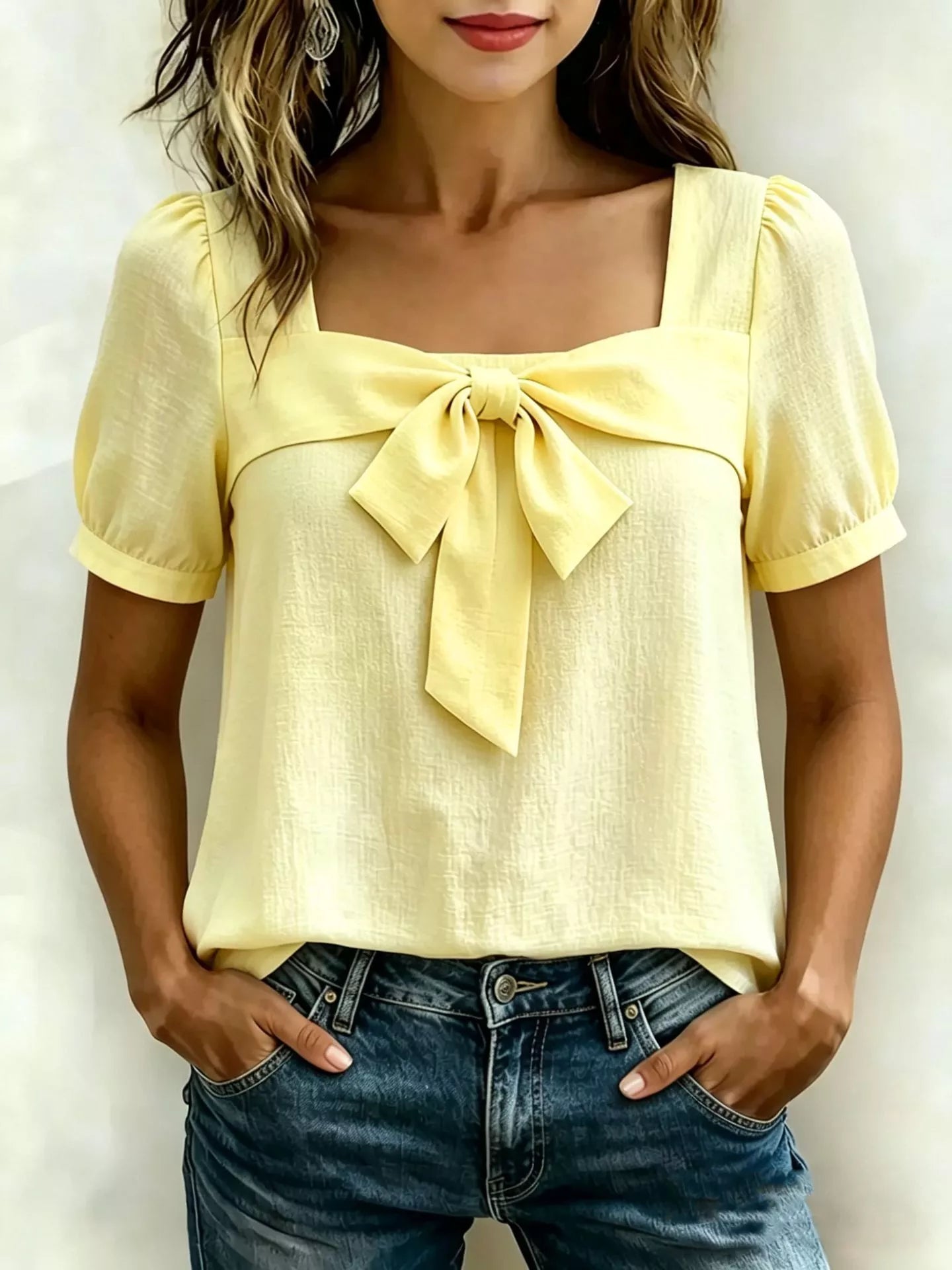 Bow Tie Square Neck Puff Sleeve Blouse