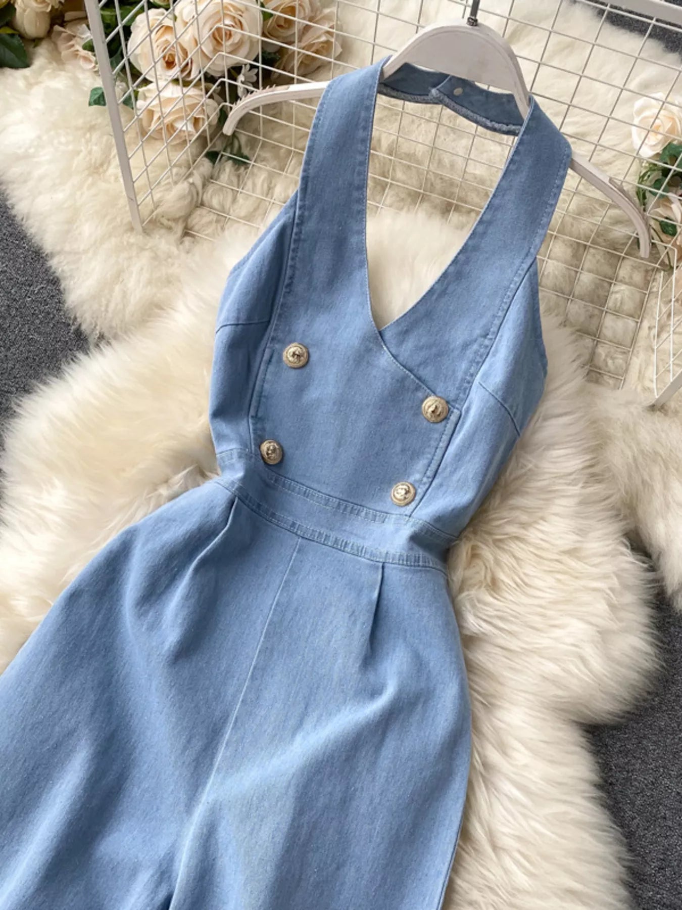 Halter Neck Wide Leg Denim Jumpsuit