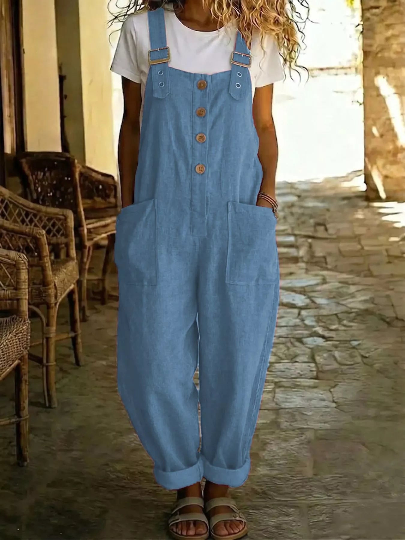Casual Button Front Wide Leg Overalls