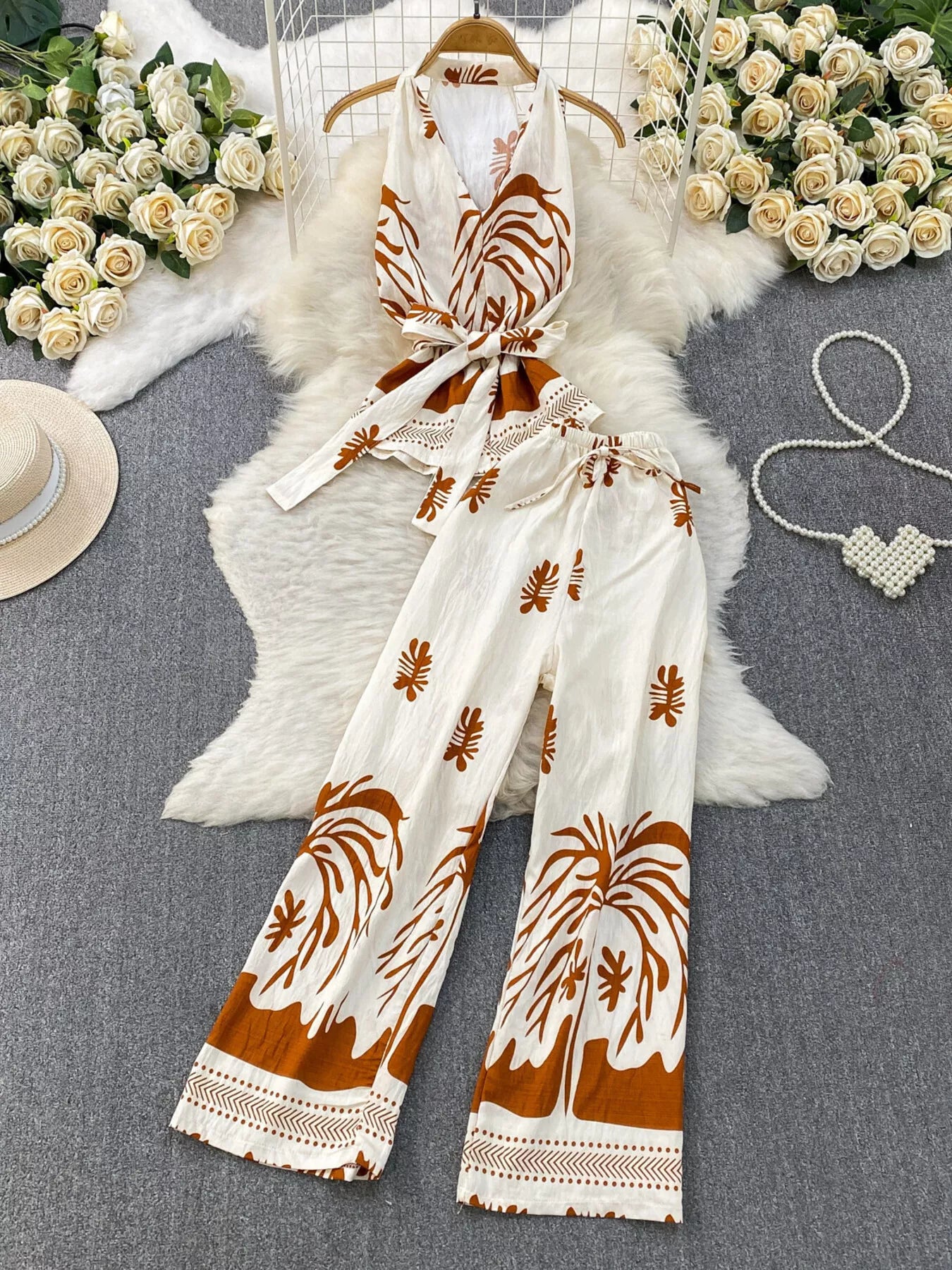Printed Sleeveless Top and Wide Leg Pants Set