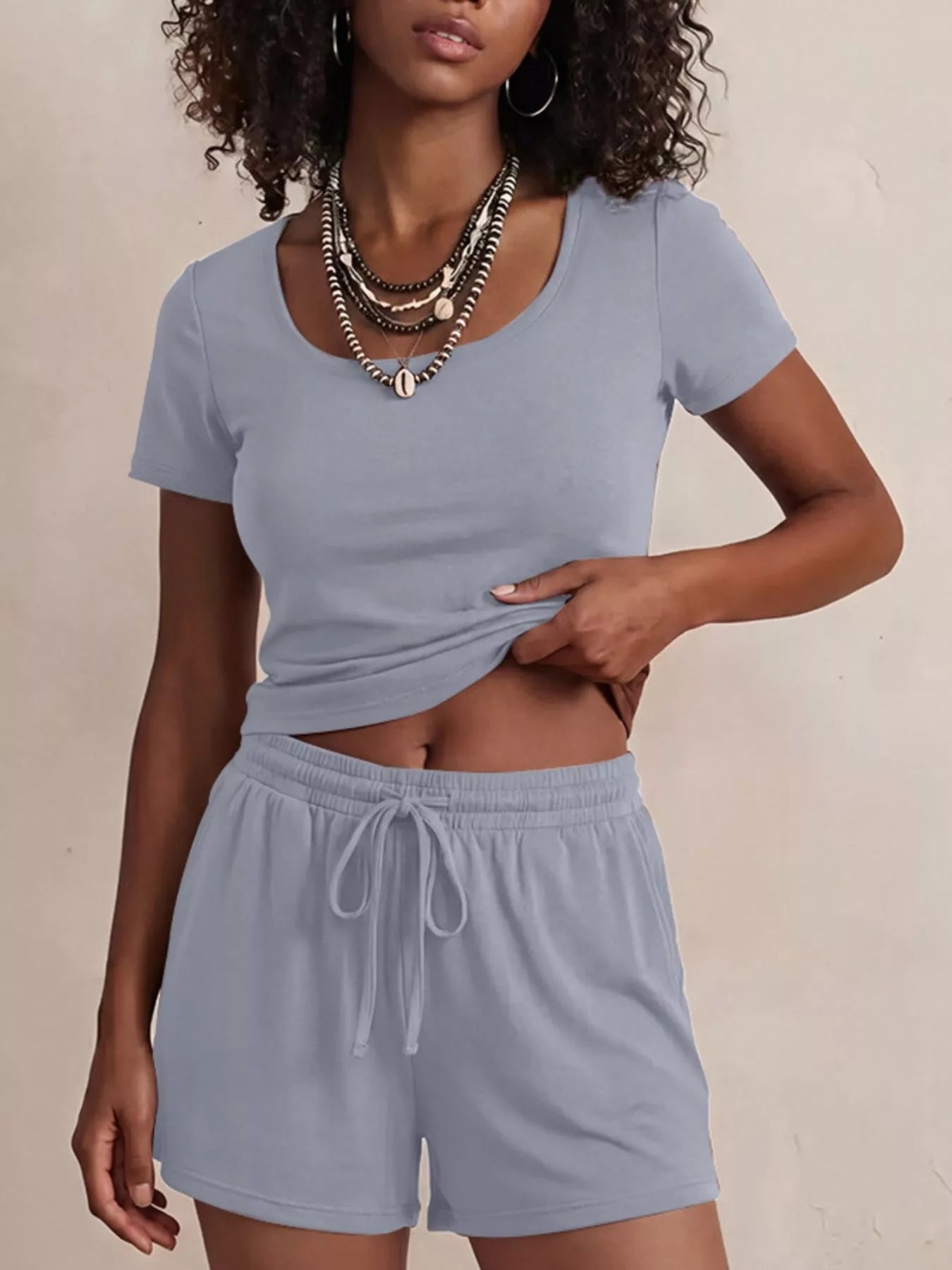Solid Color Short Sleeve Tee and Shorts Set