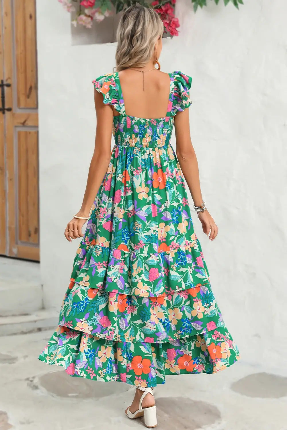 Pretty Little Patriot Pretty Little Patriot Floral Ruffle Green Tiered Maxi Dress — product category context