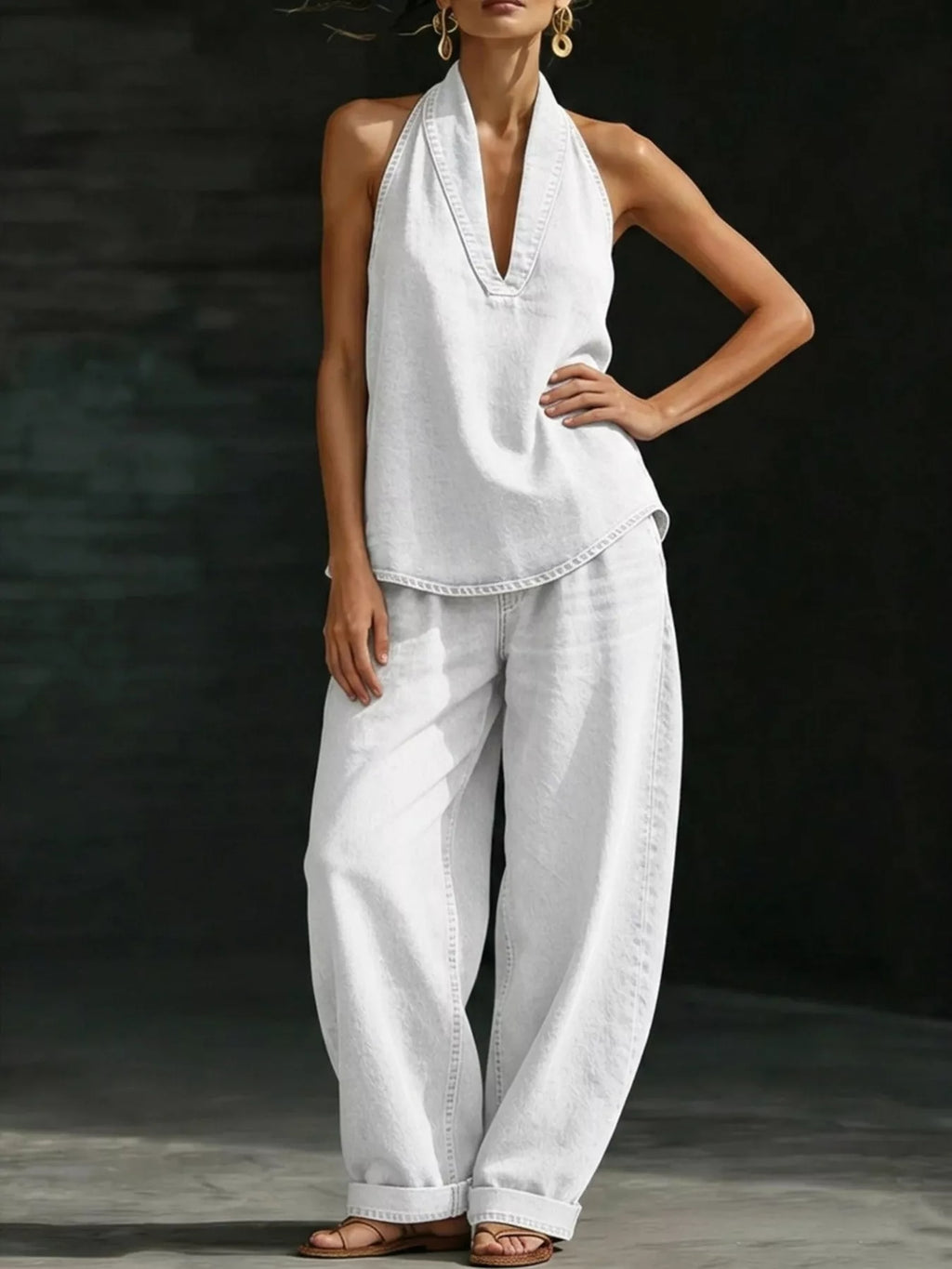 Full Size Halter Neck Top and Wide Leg Pants Plus Size