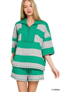 Zenana Frenchterry Striped Half Zip Top & Shorts Set