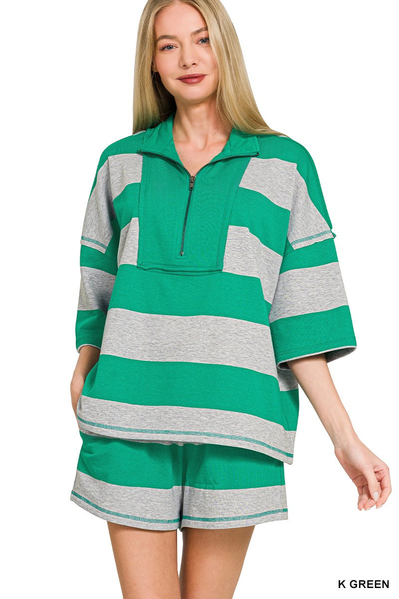 Zenana Frenchterry Striped Half Zip Top & Shorts Set