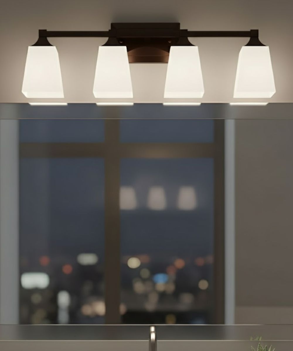27"W 4-Light LED Bath Vanity Light Fixture Oil Rubbed Bronze Finish with Square Glass Shades – LampsUSA, view 3