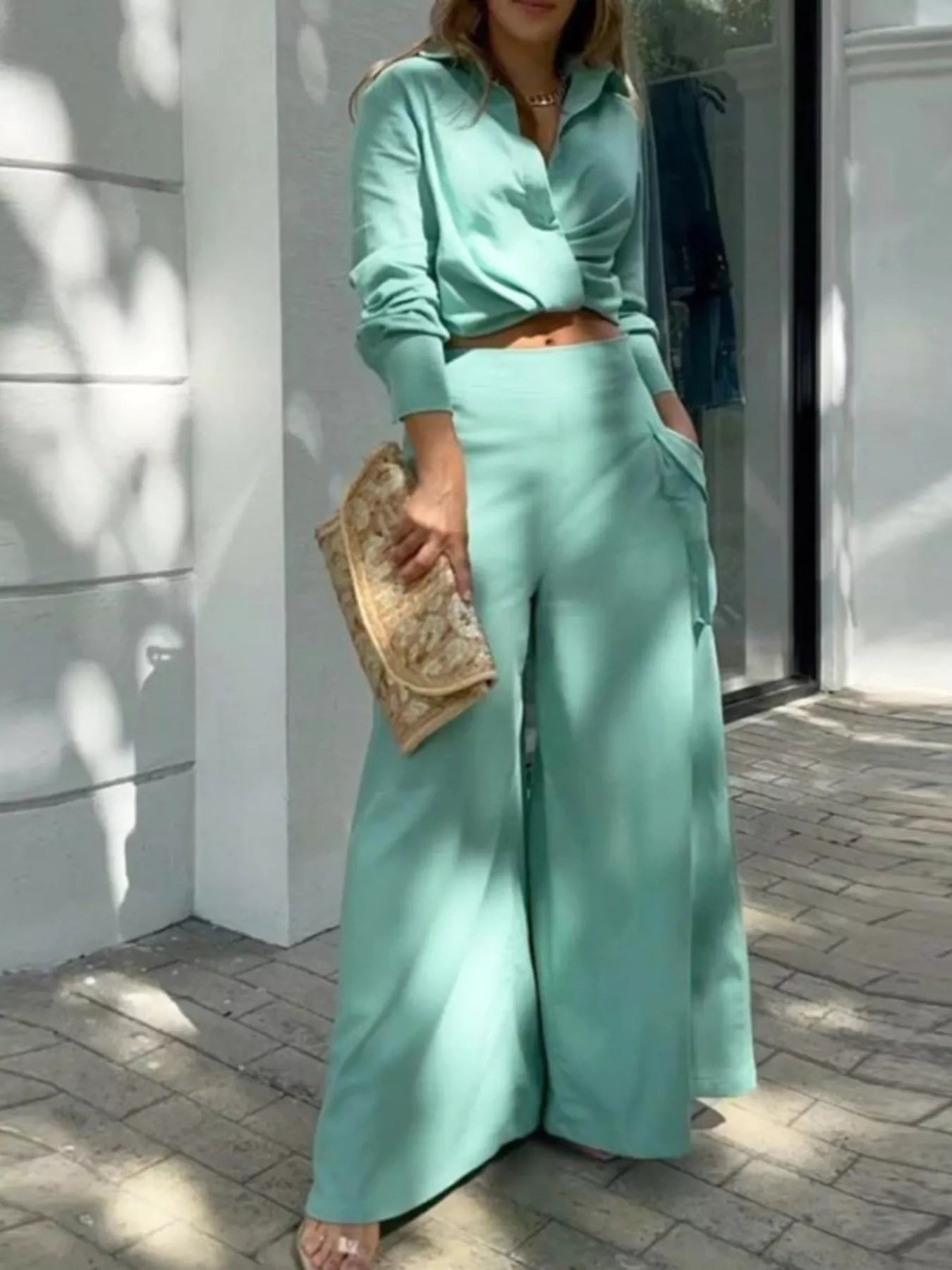 Long Sleeve Shirt and Wide Leg Pants Set