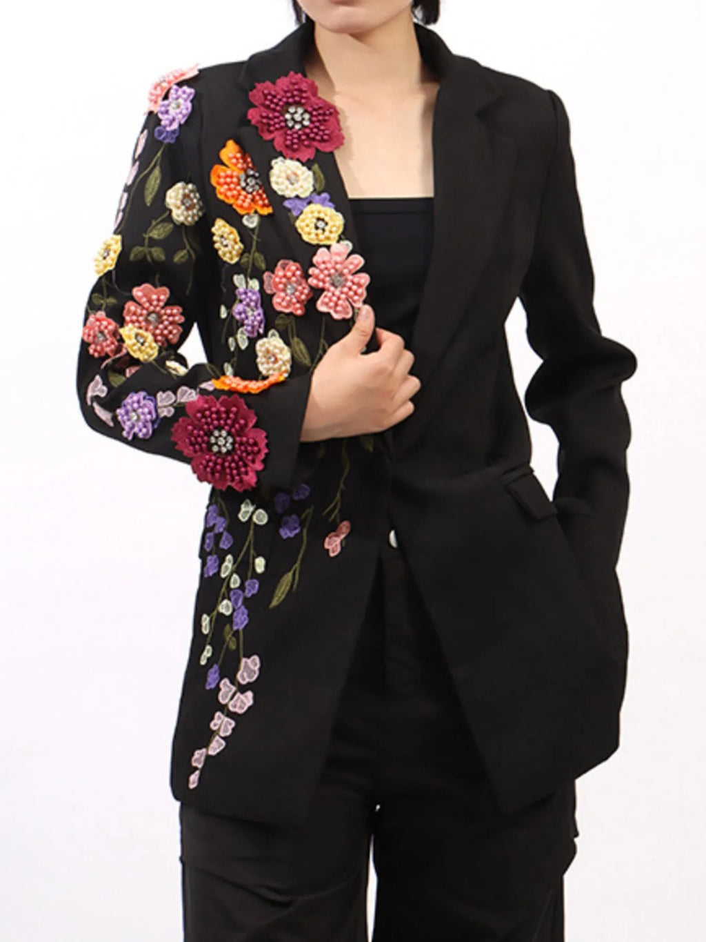Pearl Detail Flower Lapel Collar Blazer