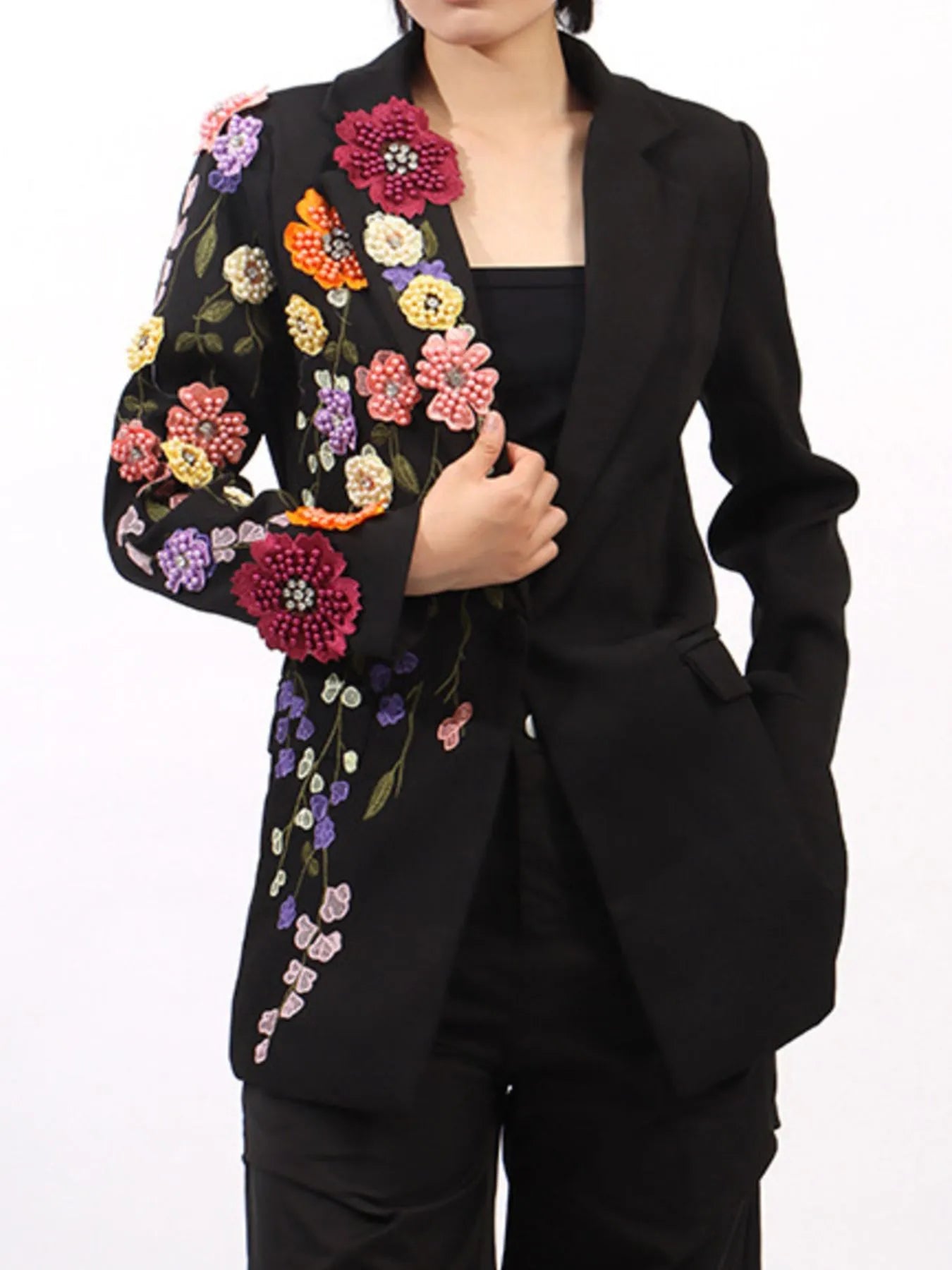 Pearl Detail Flower Lapel Collar Blazer